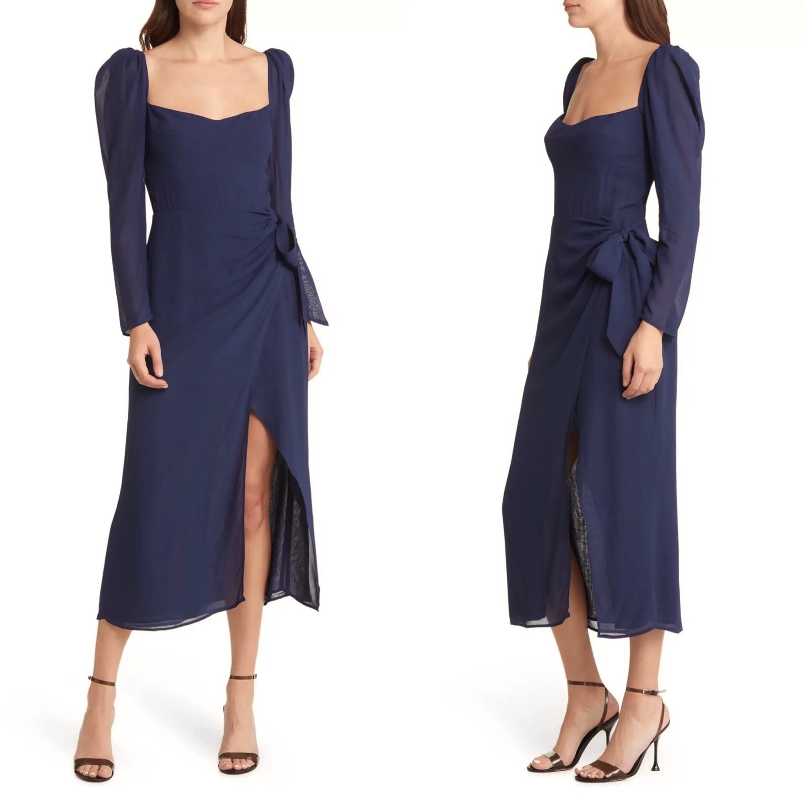 Reformation Theo Navy Midi Dress Long Sleeve Chiffon Crepe Size 0 High Slit