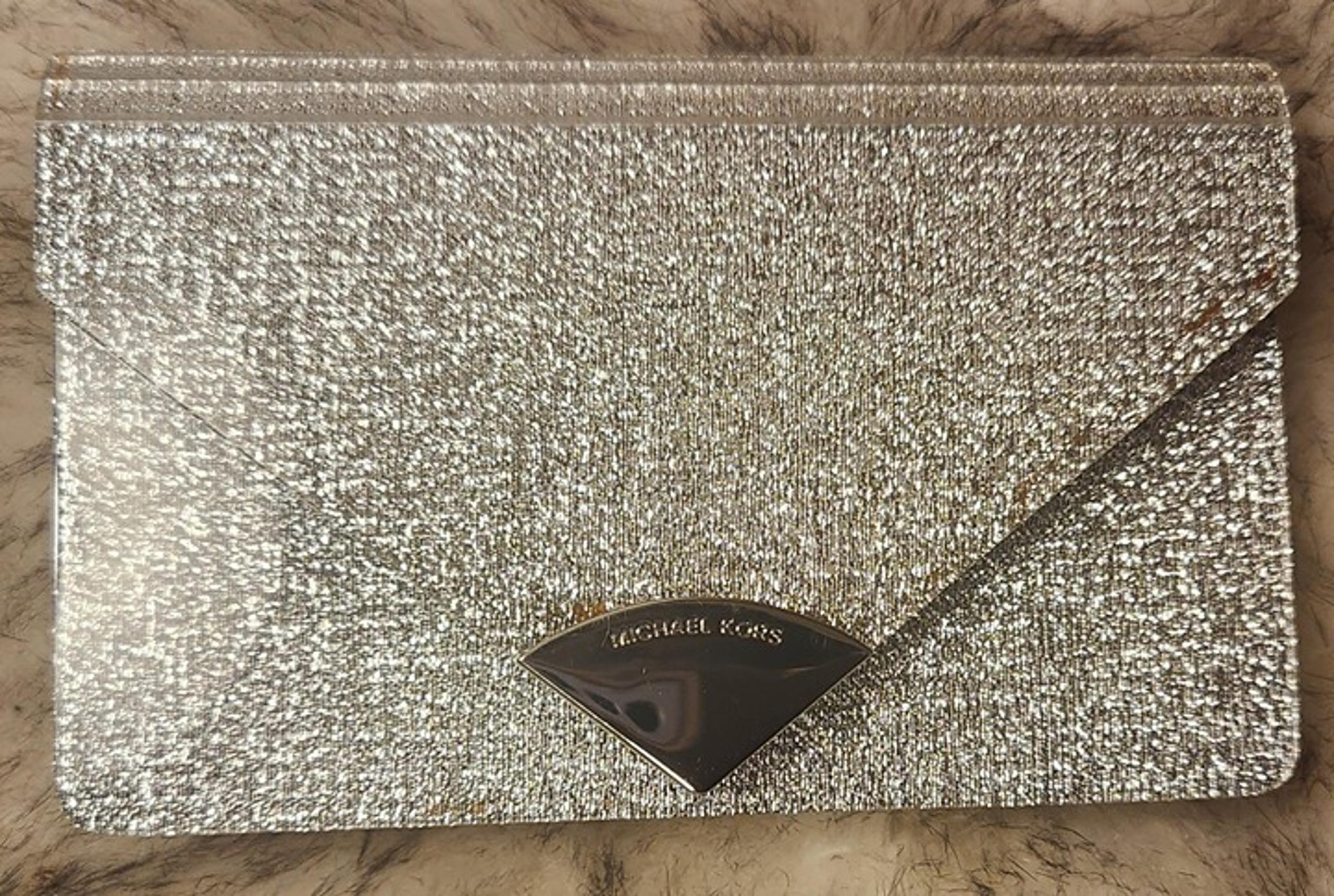 MICHAEL KORS Barbara Silver MD Envelope CLUTCH Evening Handbag AUTHENTIC