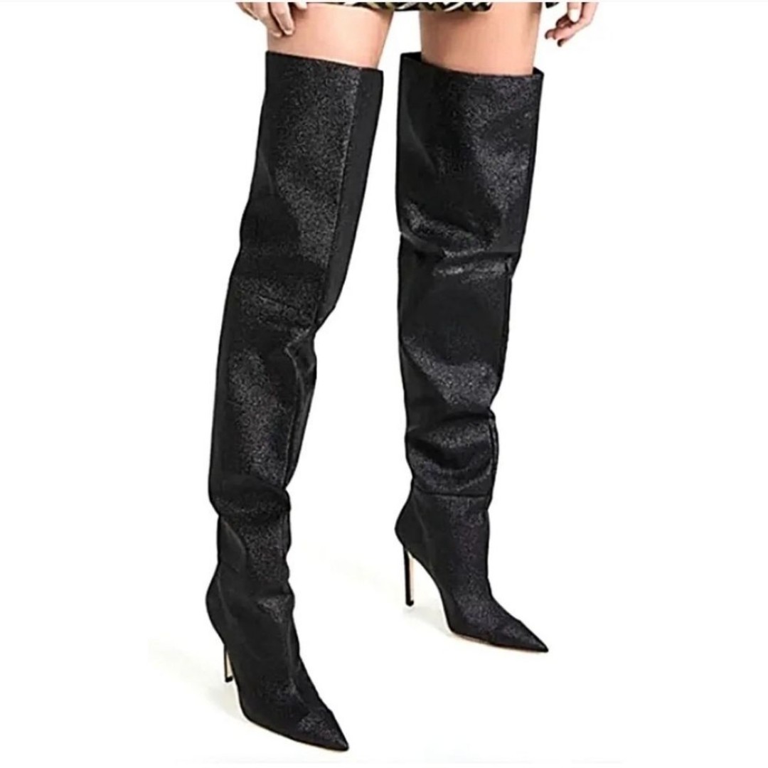 NEW Good American Black Glitter Slouchy Over The Knee Stiletto Boots Size 7