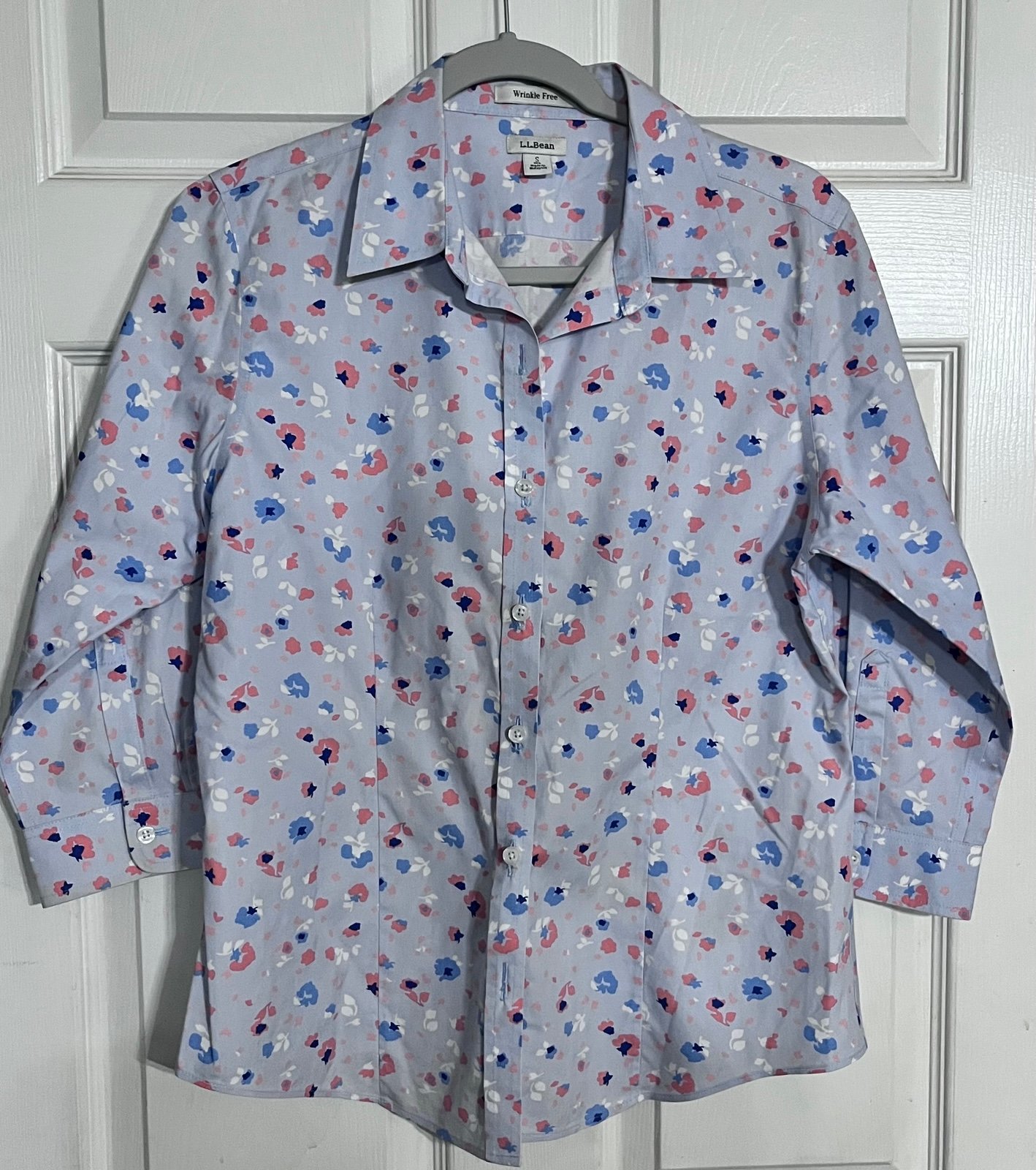LL Bean Womens S Wrinkle Free Button Up Shirt Floral 3/4 Sleeve Top Blouse