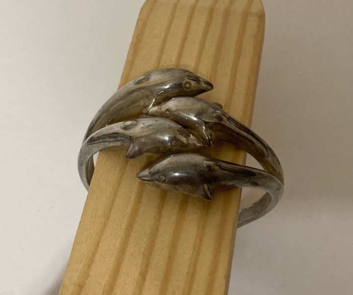 RARE 4 Dolphins Bracelet Hinged Open Clamper Silver Tone