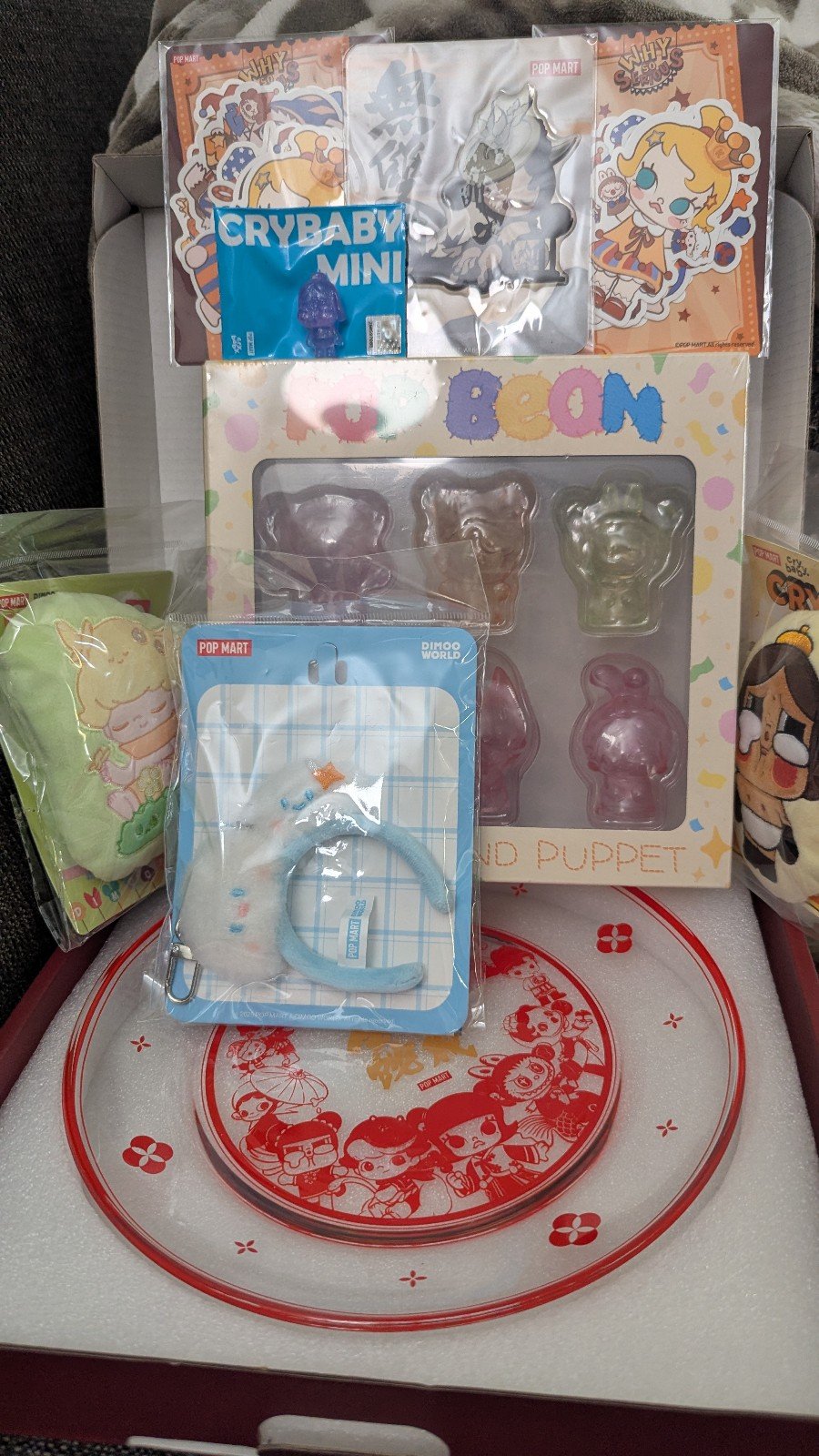 Rare POP MART bundle — plate + Pop Bean + Dimoo magnet badges + Crybaby + more!