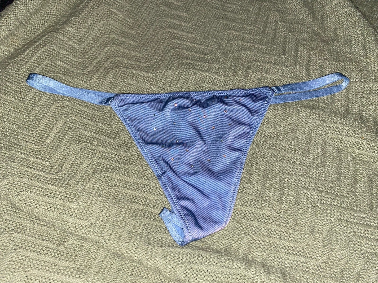 Vintage Victoria Secret Denim Look Rhinestone O-Ring Back Vstring Thong NWT