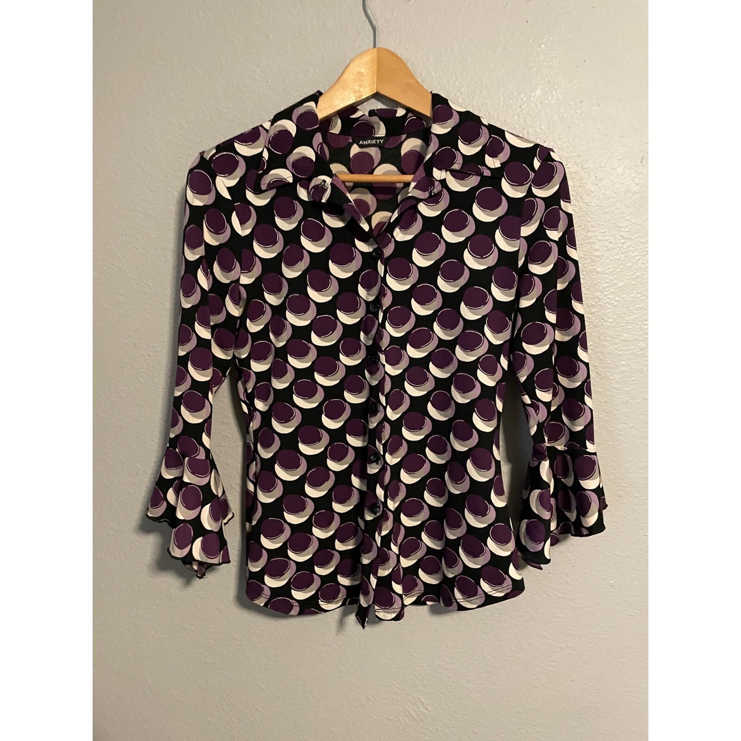 Vintage Anxiety Womens Top Small Purple Geometric Bell Sleeve Grunge 90s FLAW