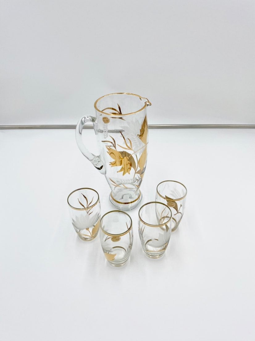 Bohemia glass pitcher Set with 4 drinking glasses Made in Czechoslovakia.