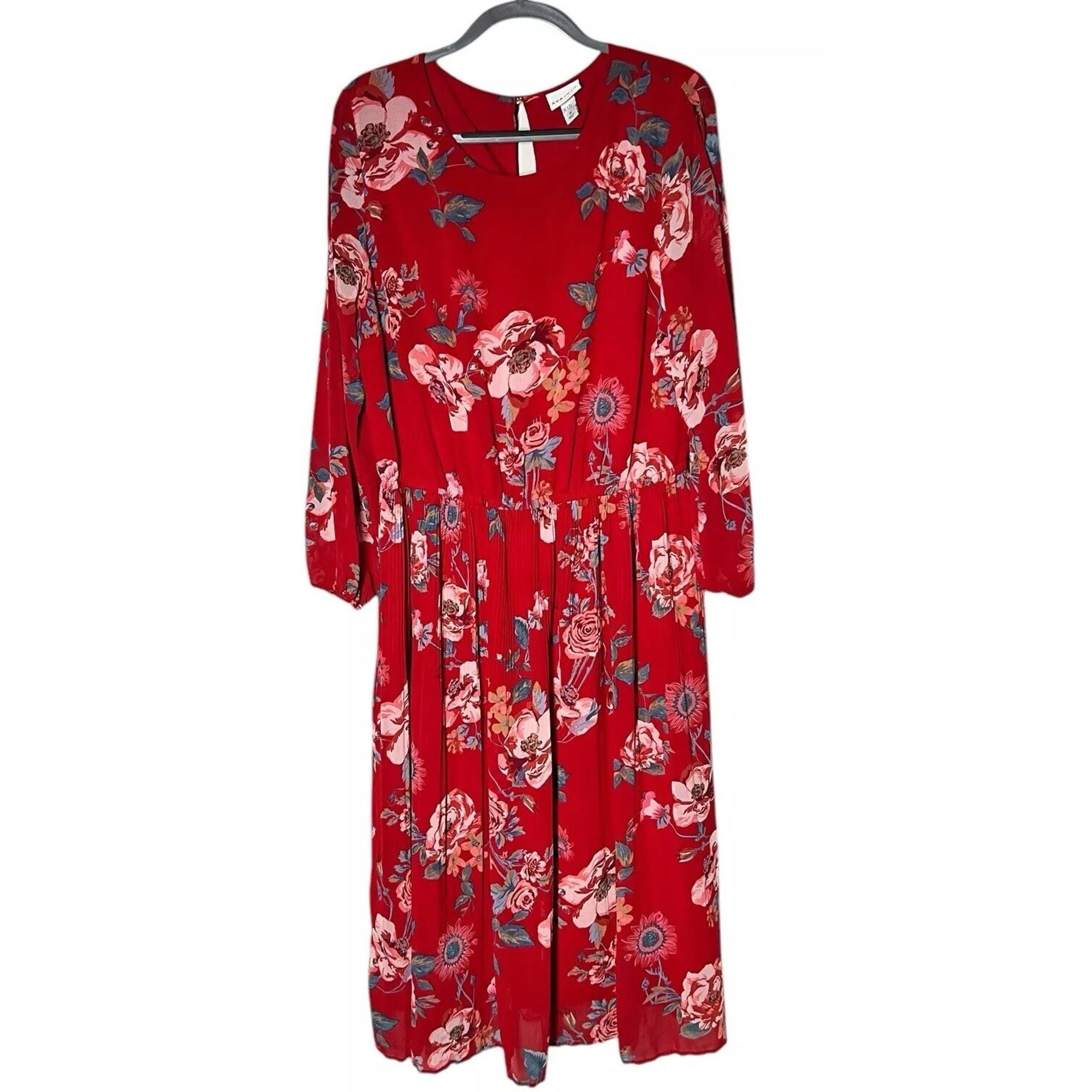 Ava & Viv Womens Dress 1X Red Floral Pleated Cottagecore Midi Lined Slit Sleeves