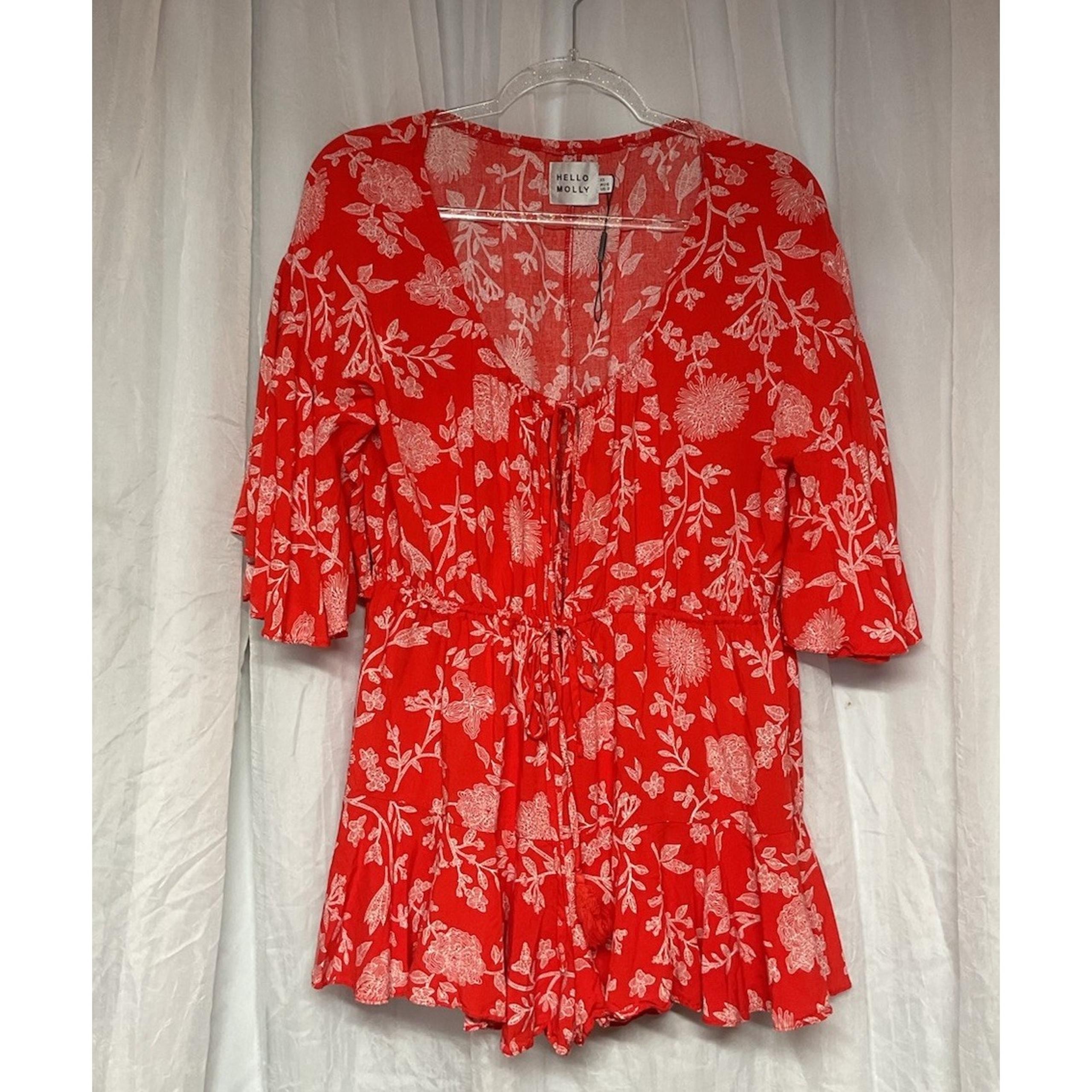 Hello Molly Red white floral Romper XS - us 2 tassel tie