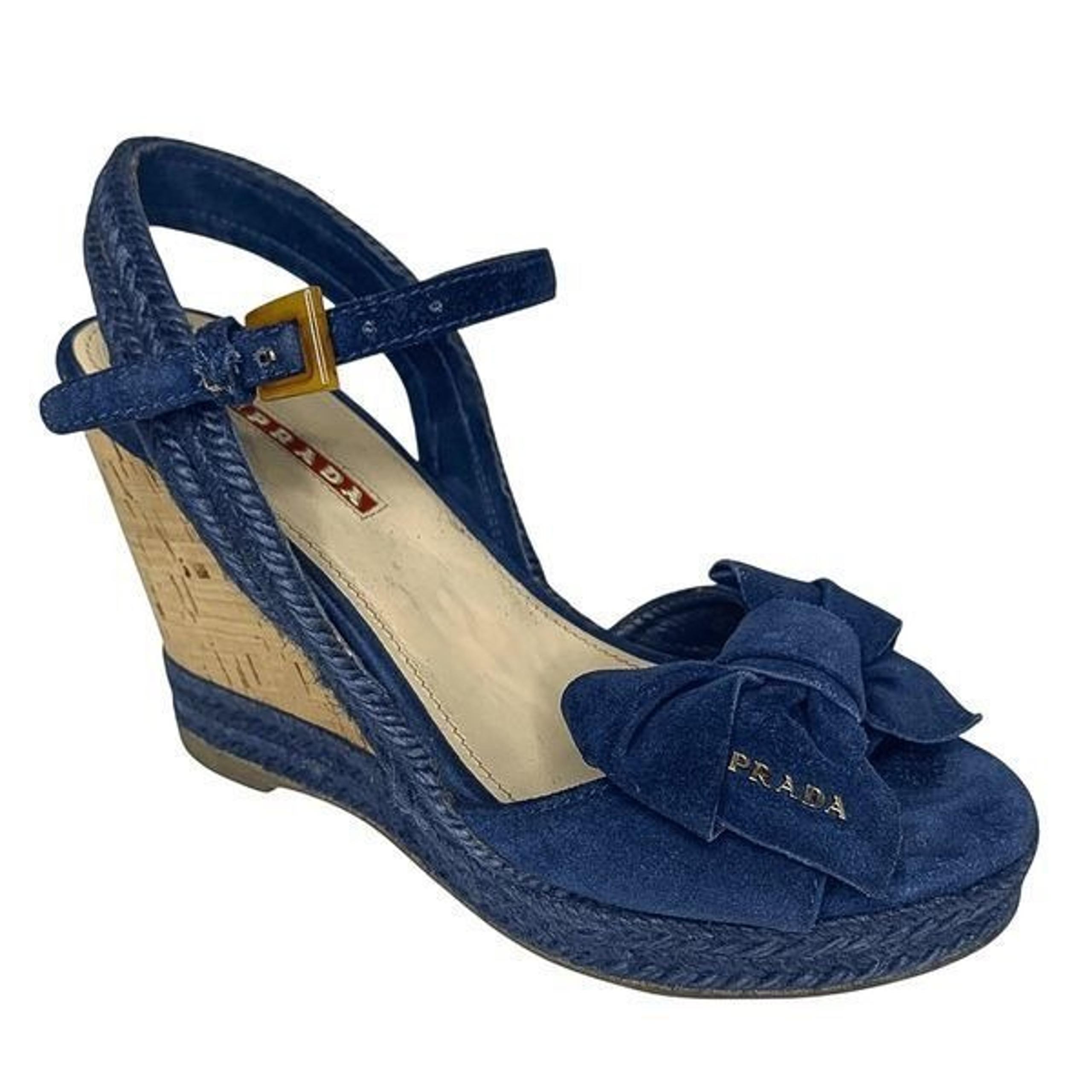 Prada Logo Blue Suede Bow Platform Espadrilles EU 37 Slingback Buckle Wedges