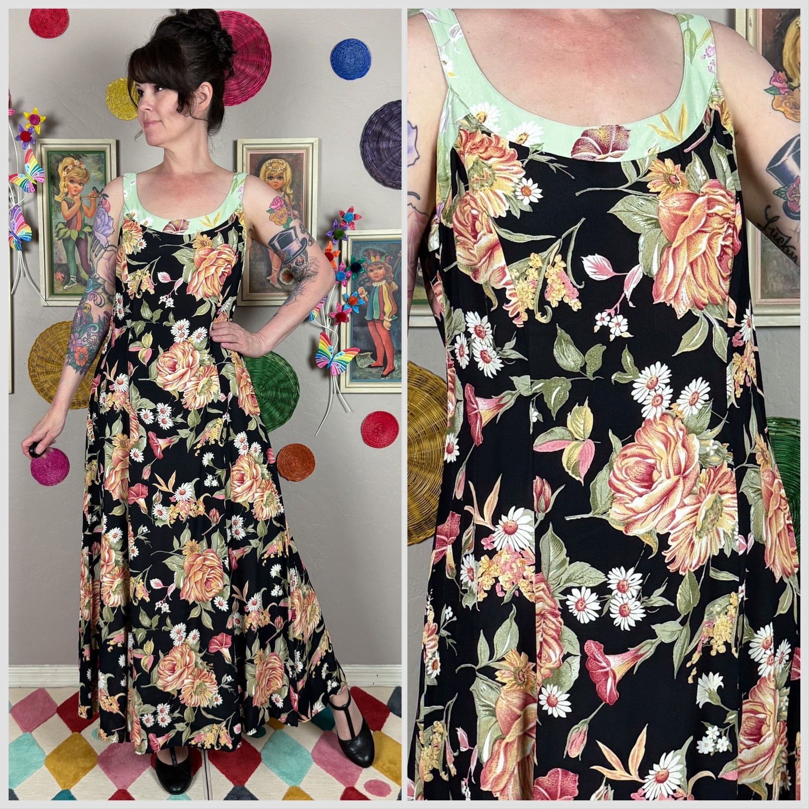Y2K Black Floral Multicolor Sleeveless A-Line Maxi Dress