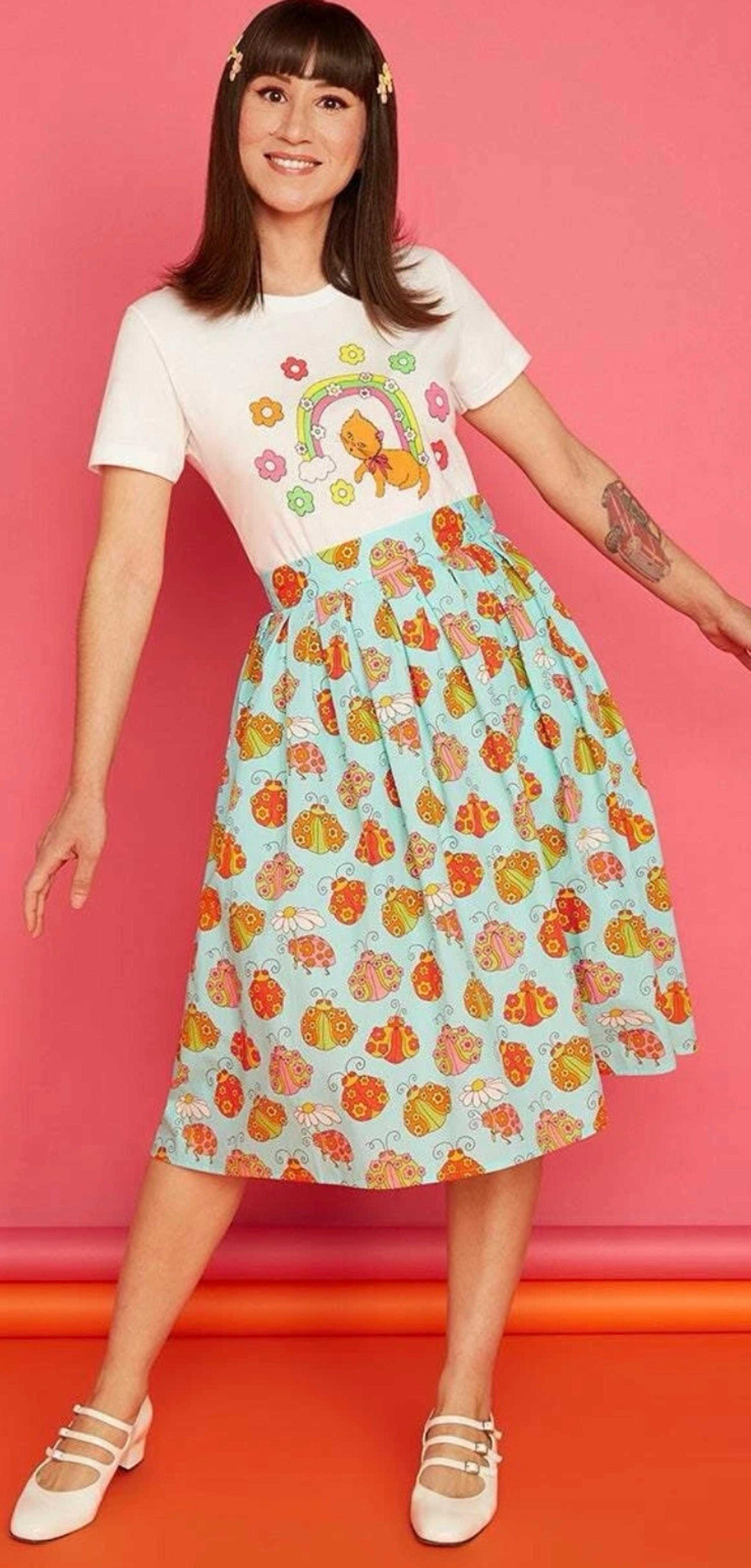 NWT ModCloth Marisol Mira Ladybug Pleated Circle Swing Skirt, Sz 14