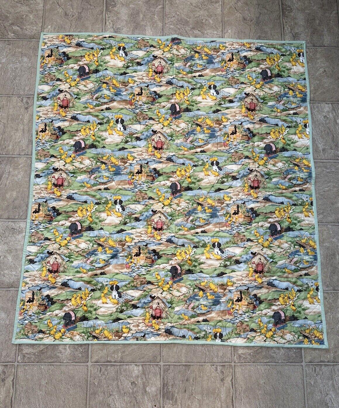 Vintage 60s 70s Baby Blanket Quilt Handmade Puppy Ducks Habitat Scene 44x39