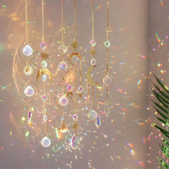 NEW 6 Pieces Colorful Crystals Suncatcher Hanging Sun Catcher with Chain Pendant