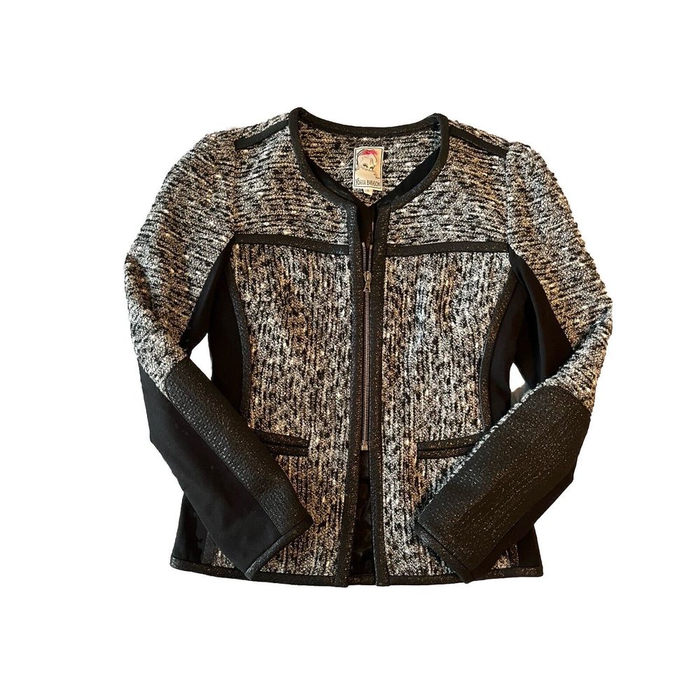 Yoana Baraschi jacket Sz6 Zipper Leather Detail Black And White Moto Style Short