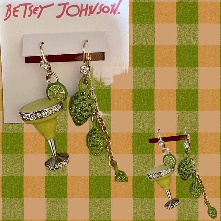 Betsey Johnson Lime Green Margarita Cocktail & Lime Crystal Accent Drop Earrings