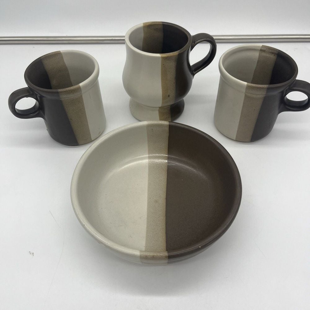 MCCOY Pottery USA SANDSTONE 1413 Brown Beige Stripes Bowl 1412 2X Mugs Creamer