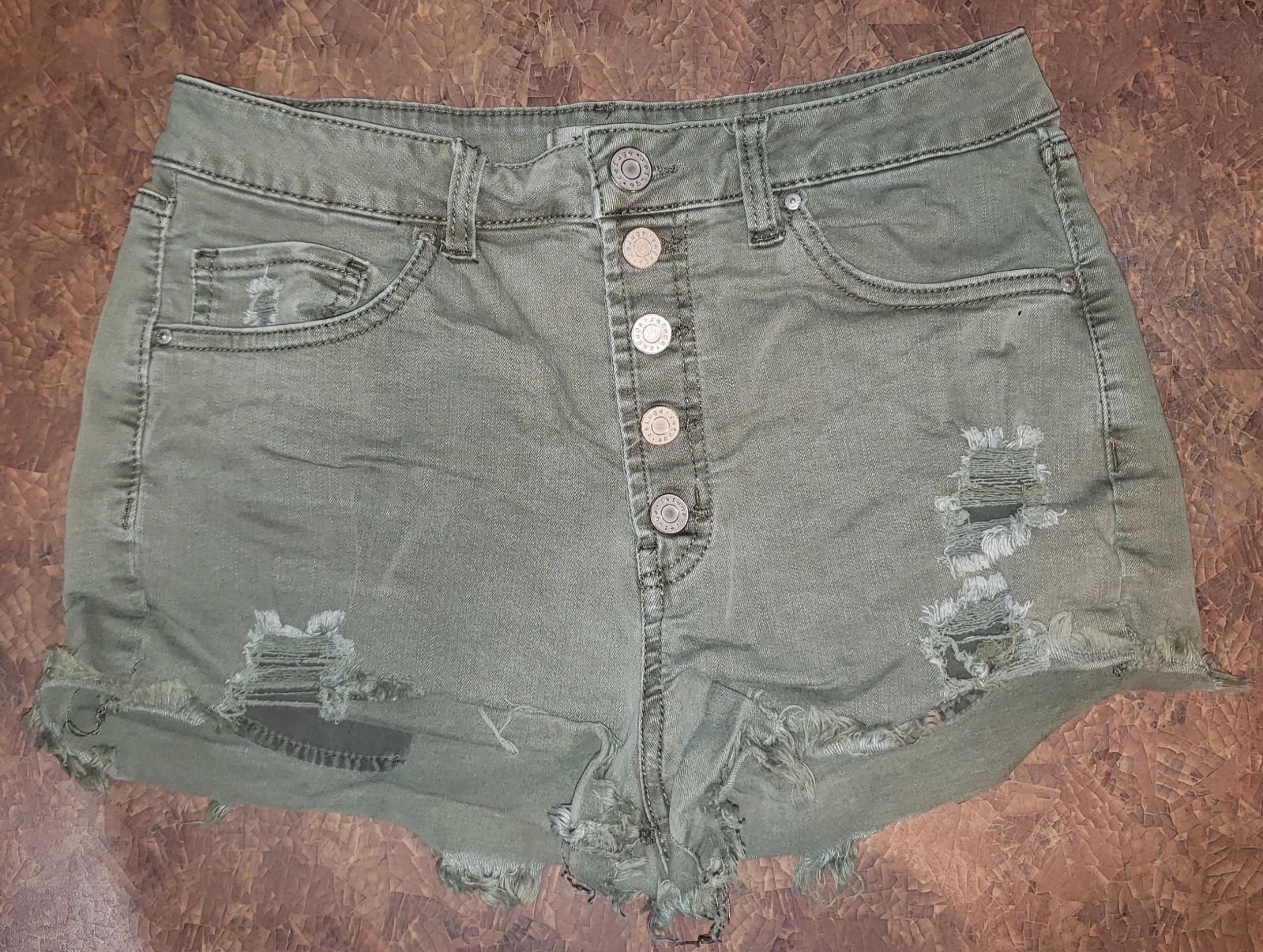 Refuge Green Denim Distressed Shorts