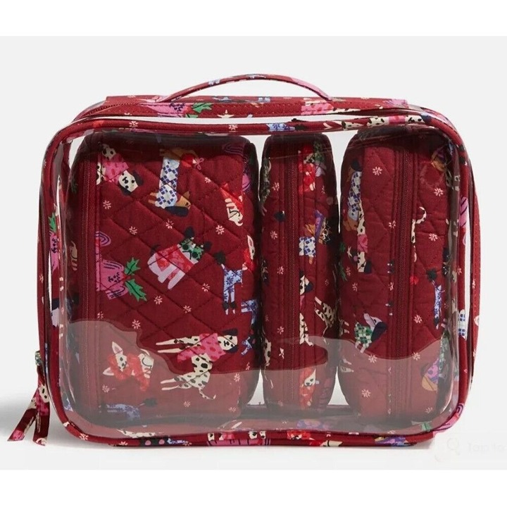 New Vera Bradley Holiday Hounds Dogs 4 Piece Cosmetic Bag Travel Set Christmas