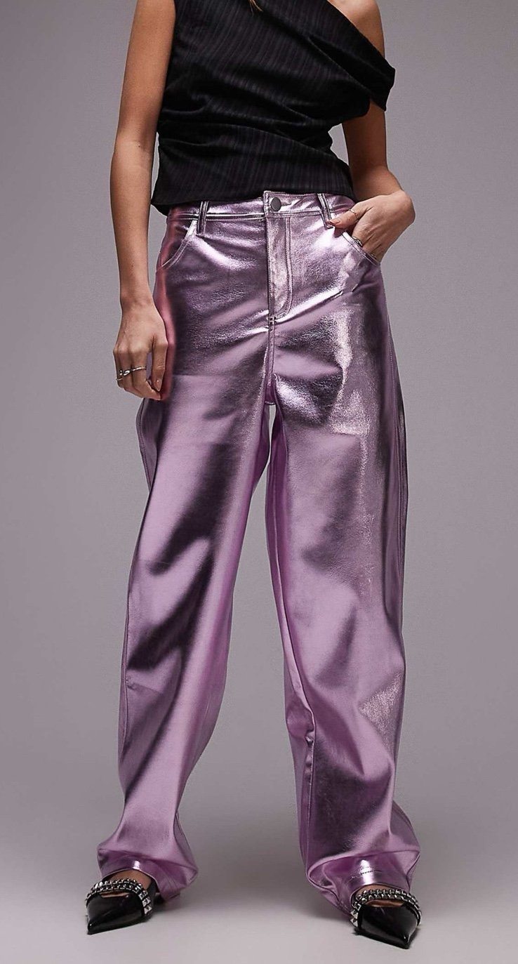 Metallic Pink Faux Leather Straight Leg Pant