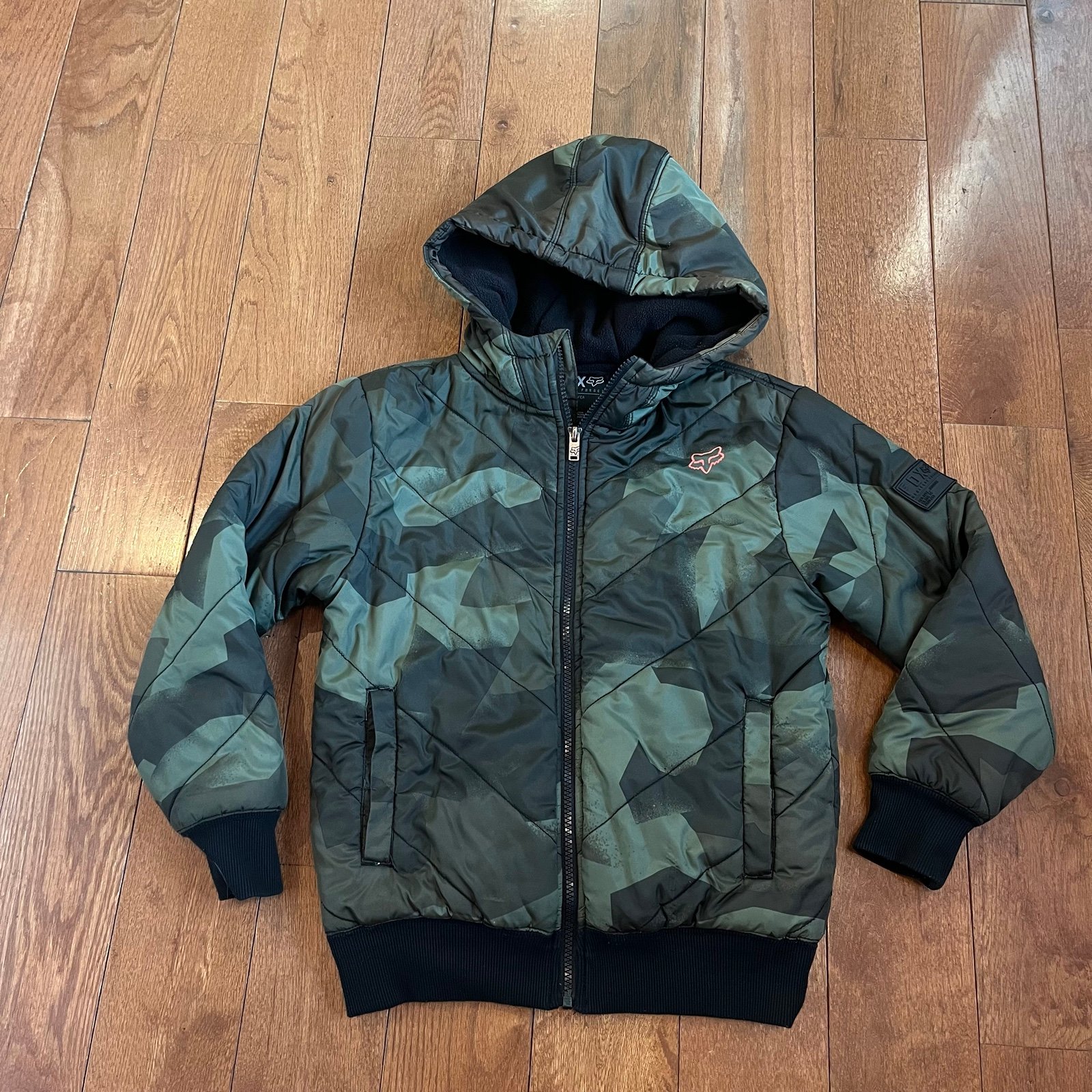 Boys FOX Racing Puffer Coat Full Zip Green Black Camo Camouflage sz M