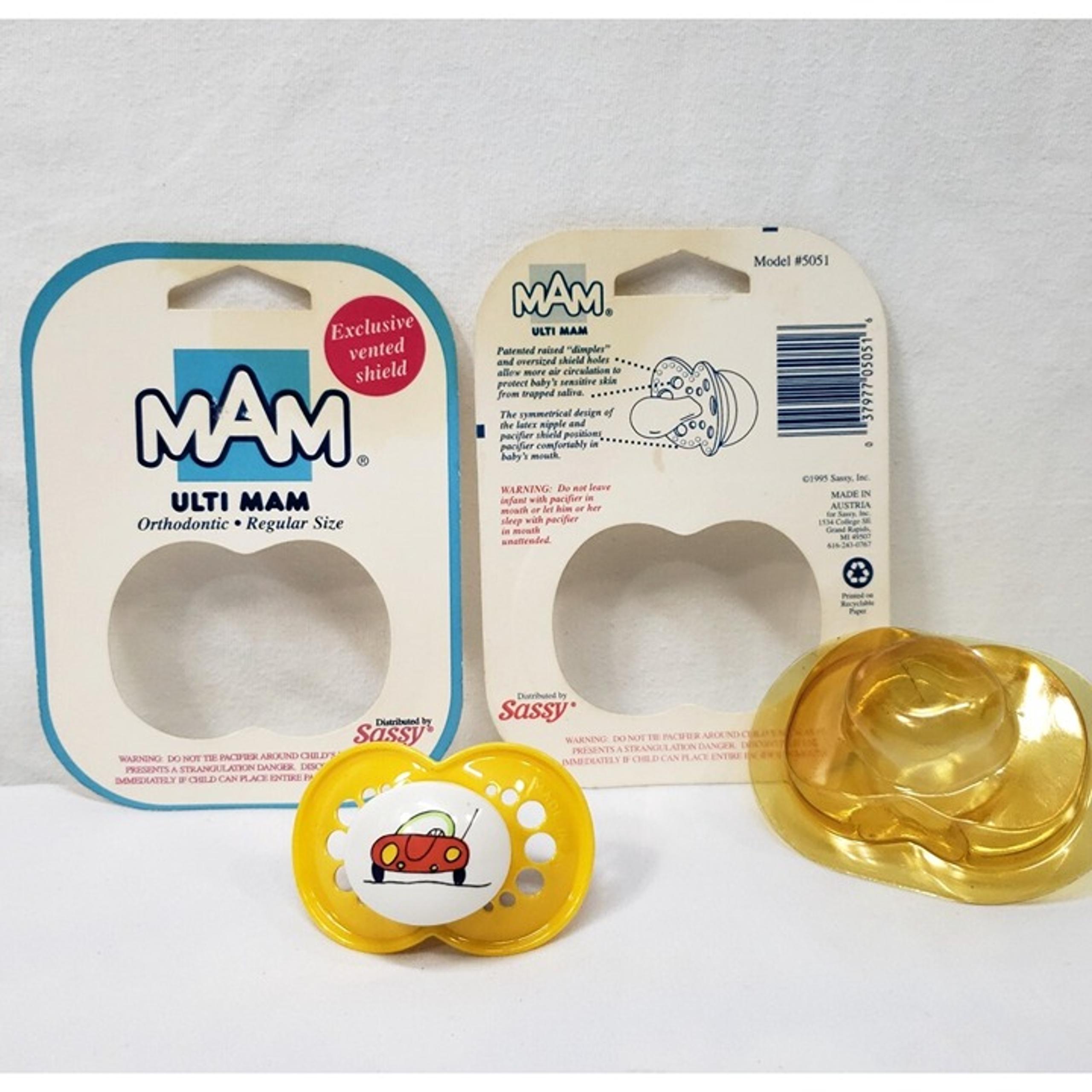 Vintage Ulti MAM Pacifier Yellow Red Car 1995 Sassy Orthodontic Latex Nipple - MAM Baby