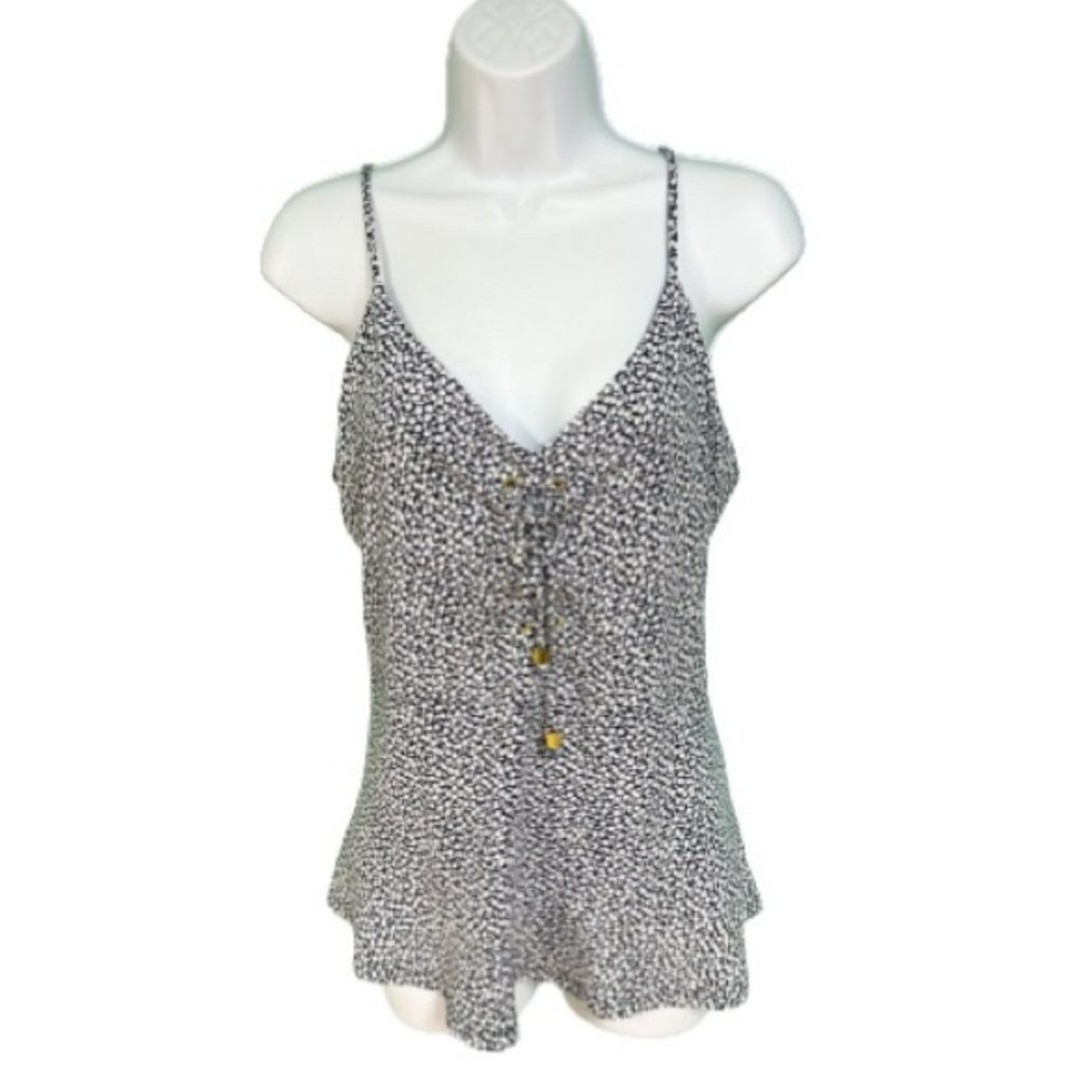 MICHAEL Michael Kors Blue & White Floral Gold Detail Lace Up Tank Womens Size L