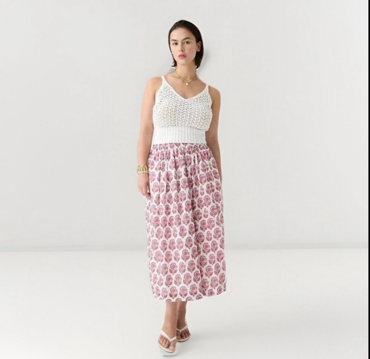 J.Crew Smocked Waist Cotton Voile Midi Skirt XS Bouquet Block Print Boho