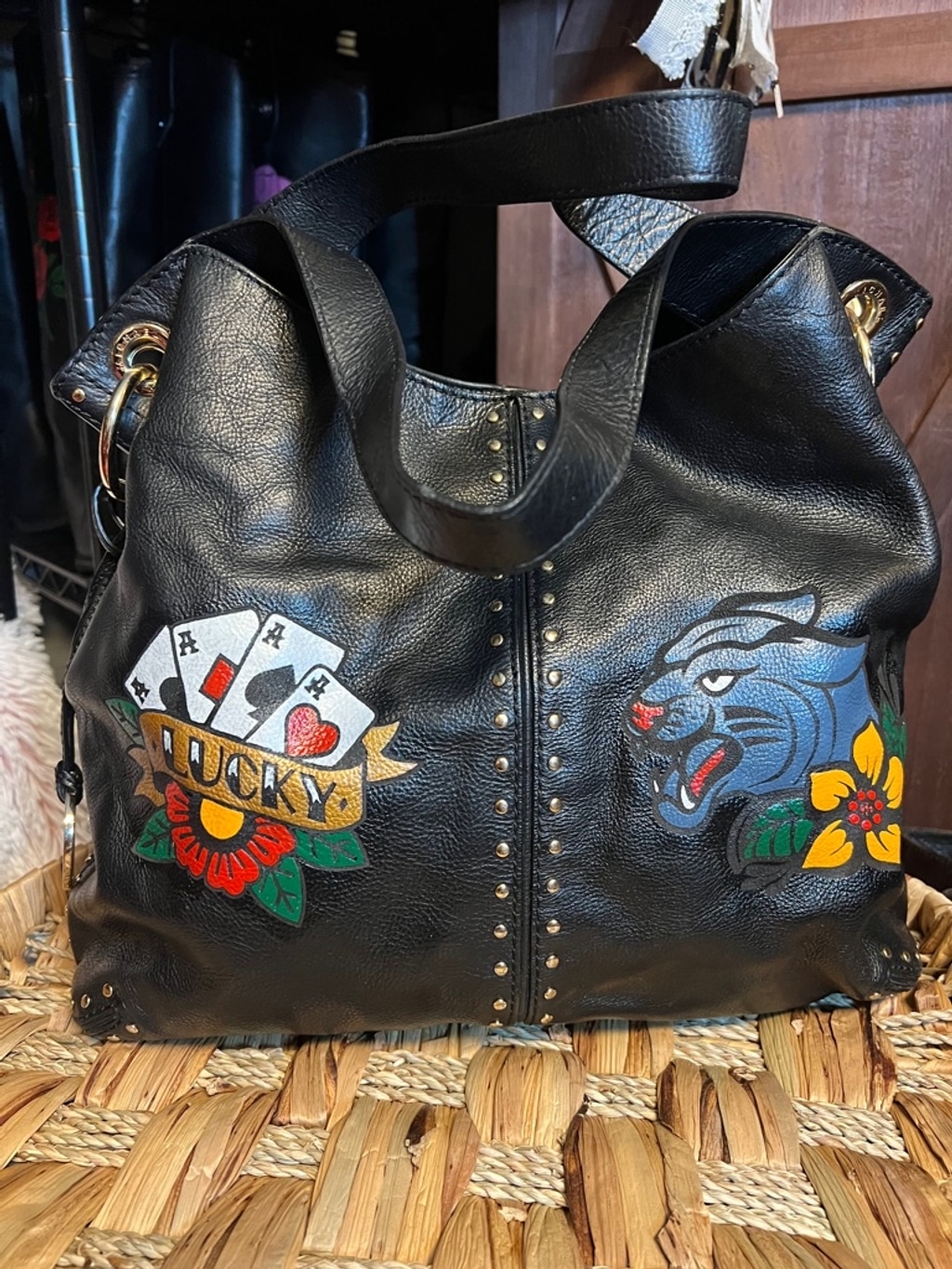 Women's Michael Kors Hand Painted Black Leather Shoulder Bag Upcycled