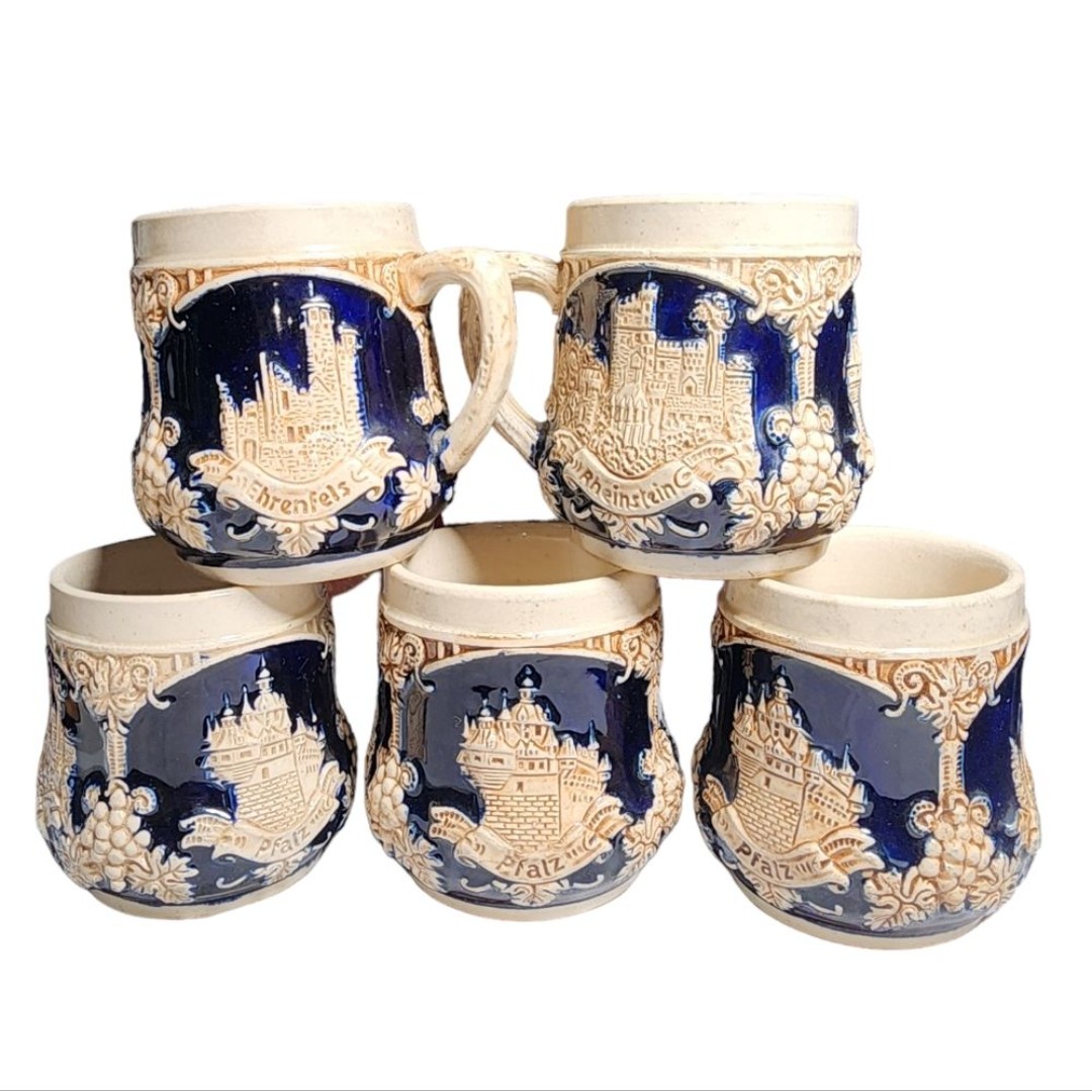 Vintage Wick-Works German Made Blue & Ivory Stoneware Punch Cups 5 Piece Set