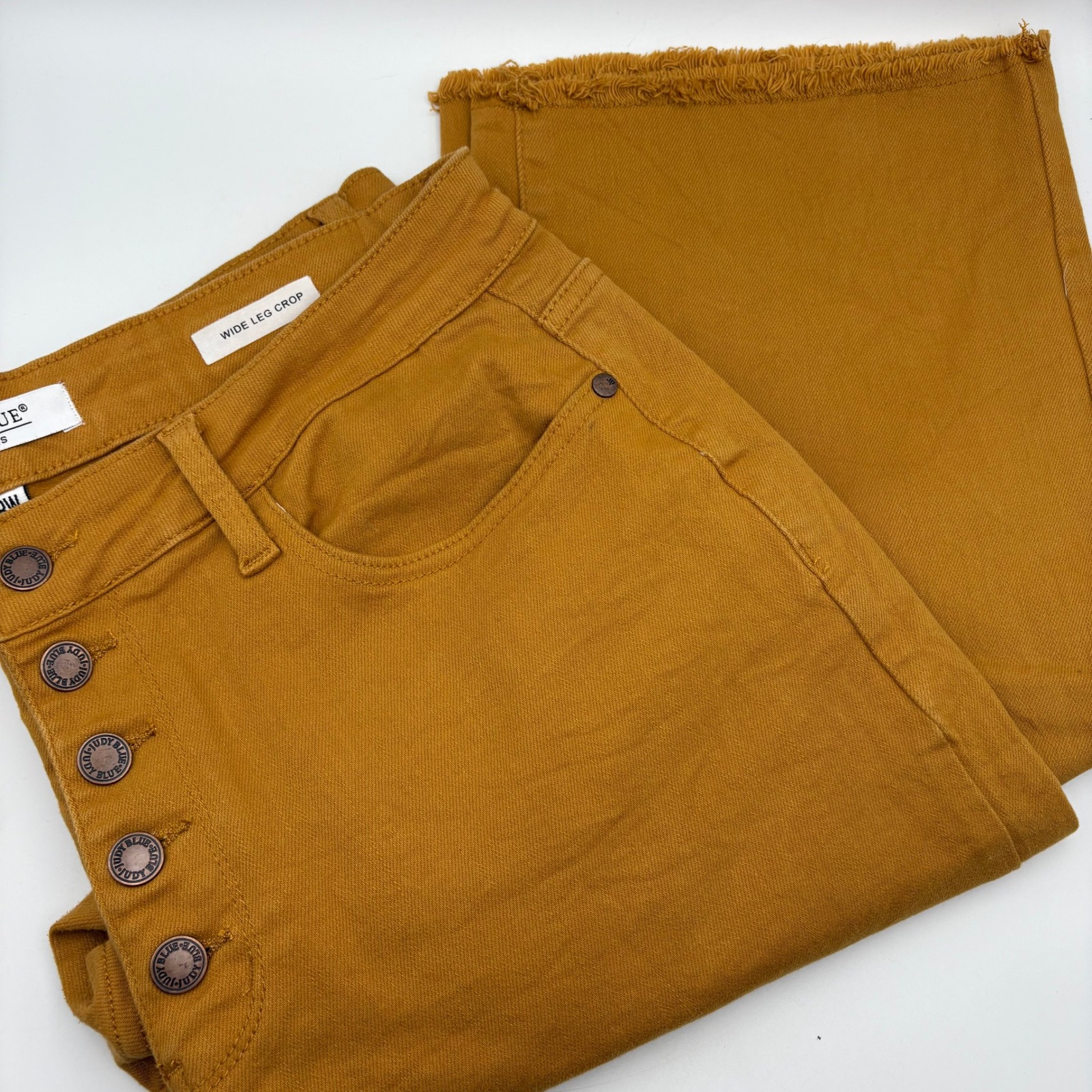 Judy Blue Wide Leg Crop Jeans Frayed Hem Button Fly Mustard Yellow Womens 18W