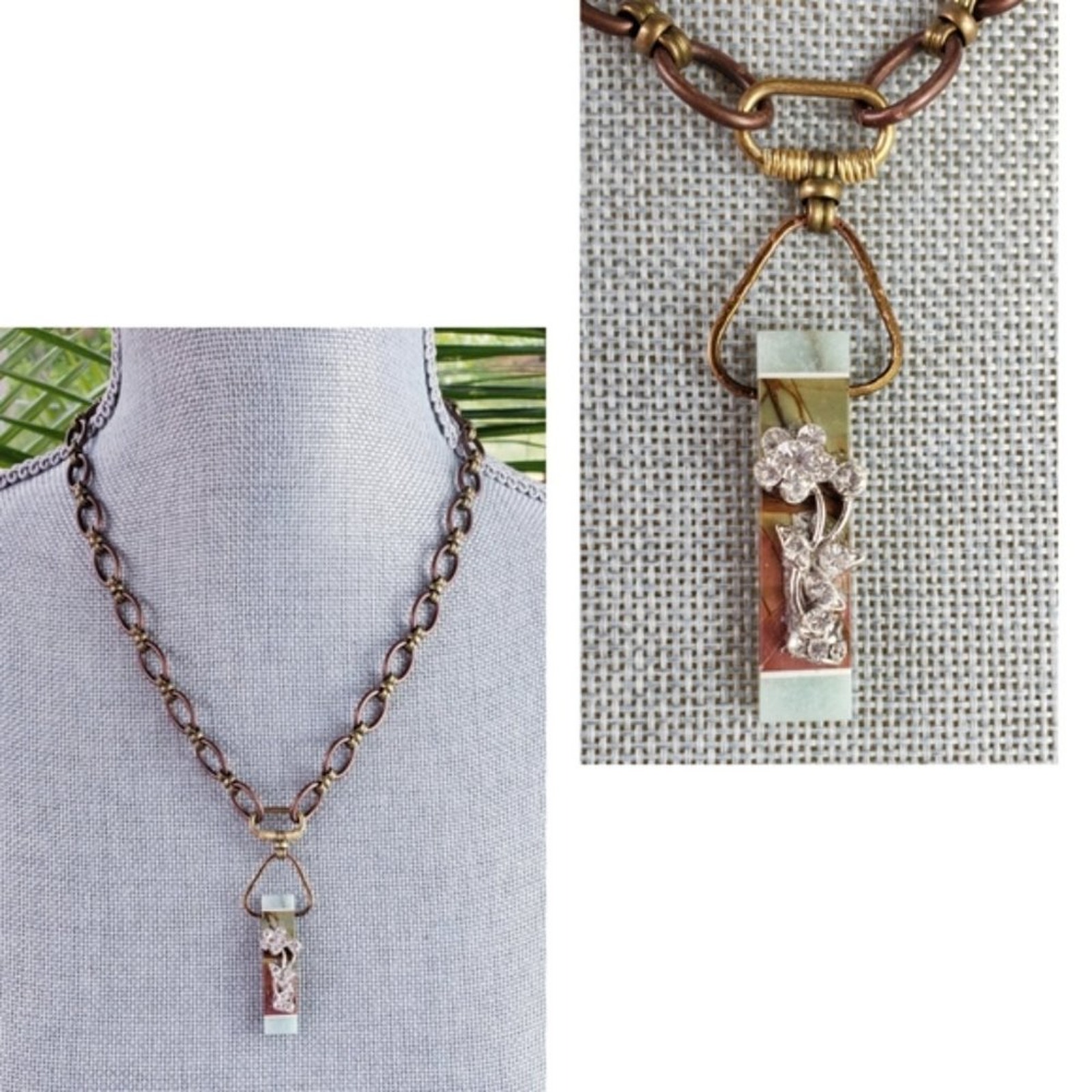 VTG Intarsia Picasso Jasper Floral Sparkly Crystal Chain Necklace - Handmade