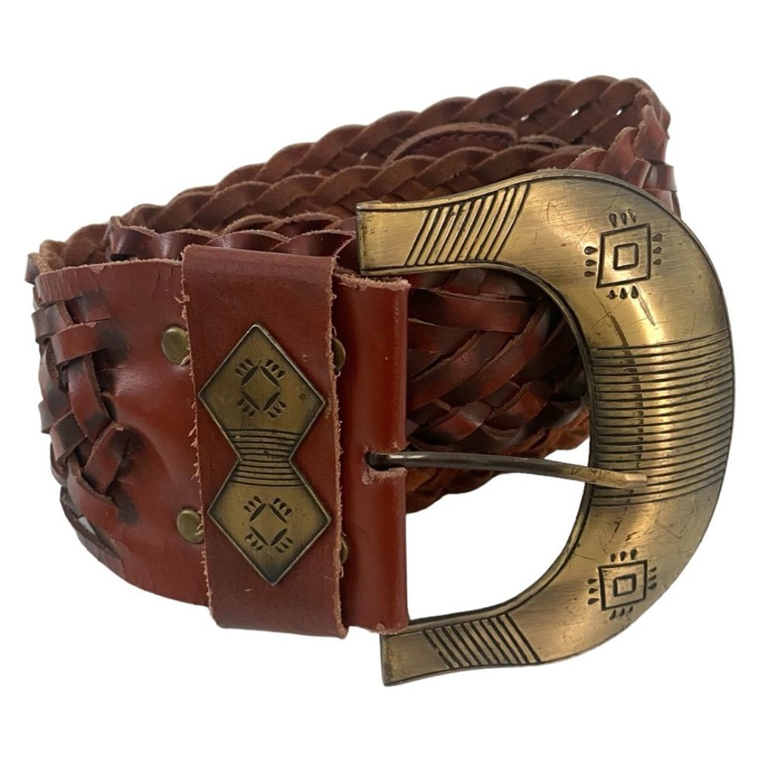 Vintage Large Buckle Brown Distressed Leather Woven Belt