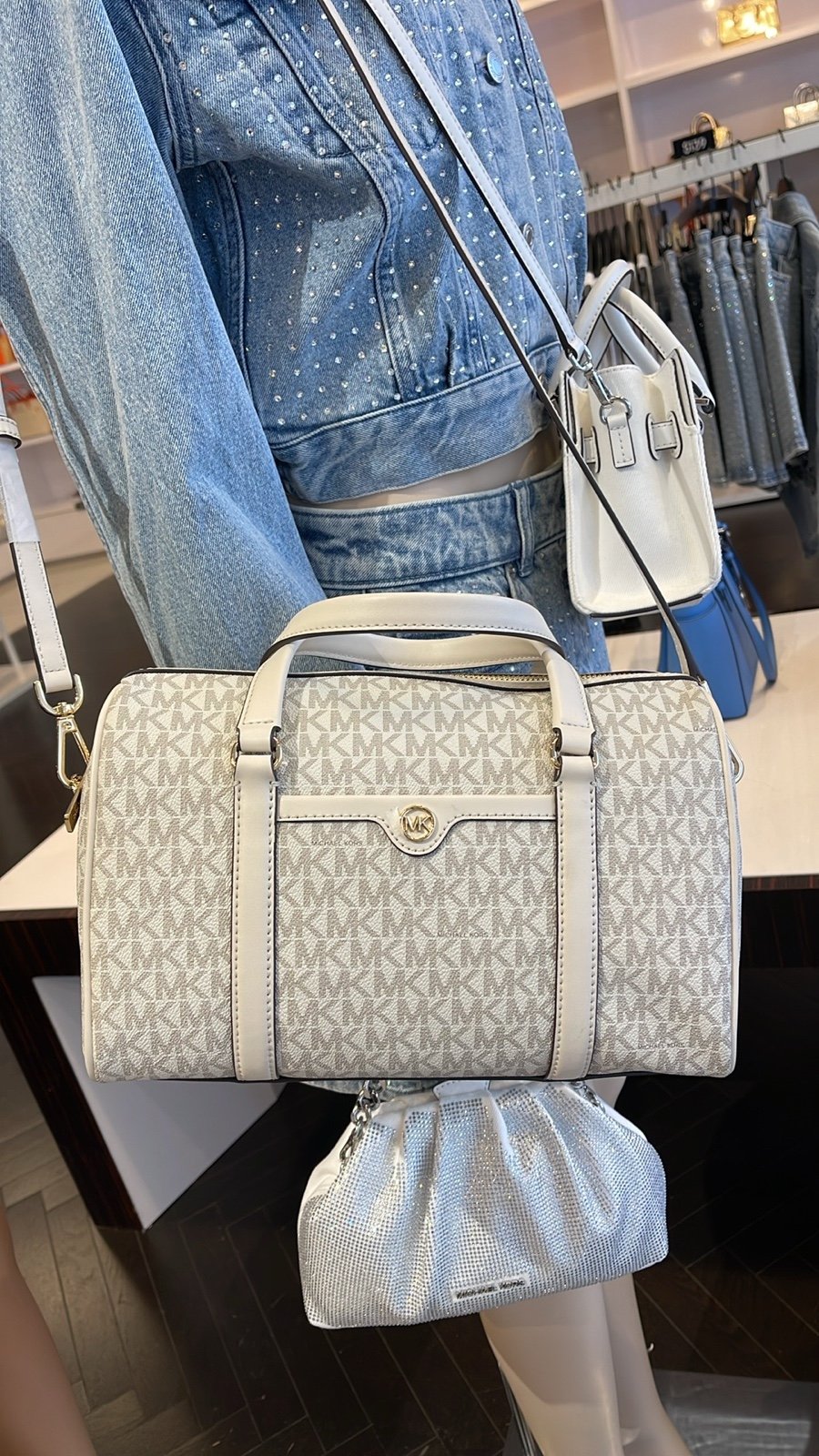 MICHAEL KORS JST TRAVEL MEDIUM DUFFLE SATCHEL SHOULDER CROSSBODY BAG MK Lt Cream