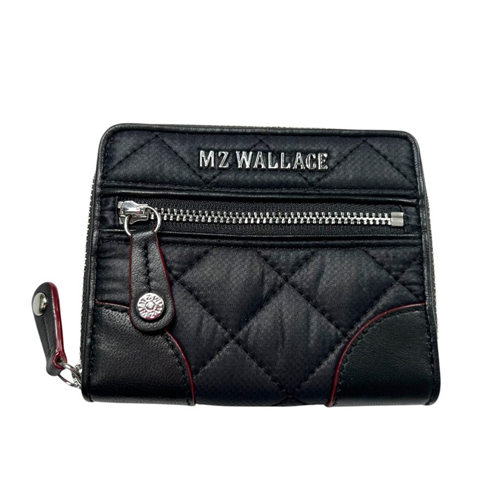 MZ Wallace Mini Crosby Quilted Zip Around Wallet With Red Accents & Card Slots