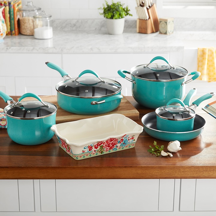 The Pioneer Woman Frontier Speckle Aluminum 10-Piece Cookware Set, Turquoise