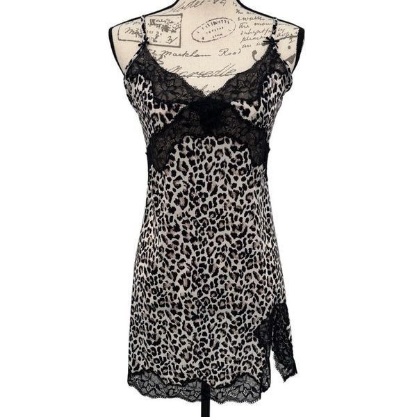 Victoria’s Secret Leopard Print Lace Trimmed Nightie Gown Black Tan White Large