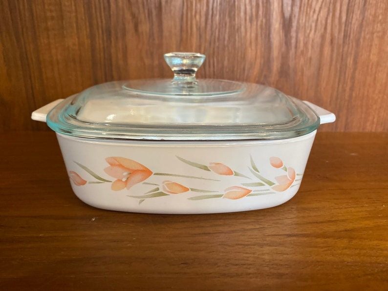 A-1-B Corning Ware 1 Quart Peach Floral Casserole Dish with Lid Vintage Corning