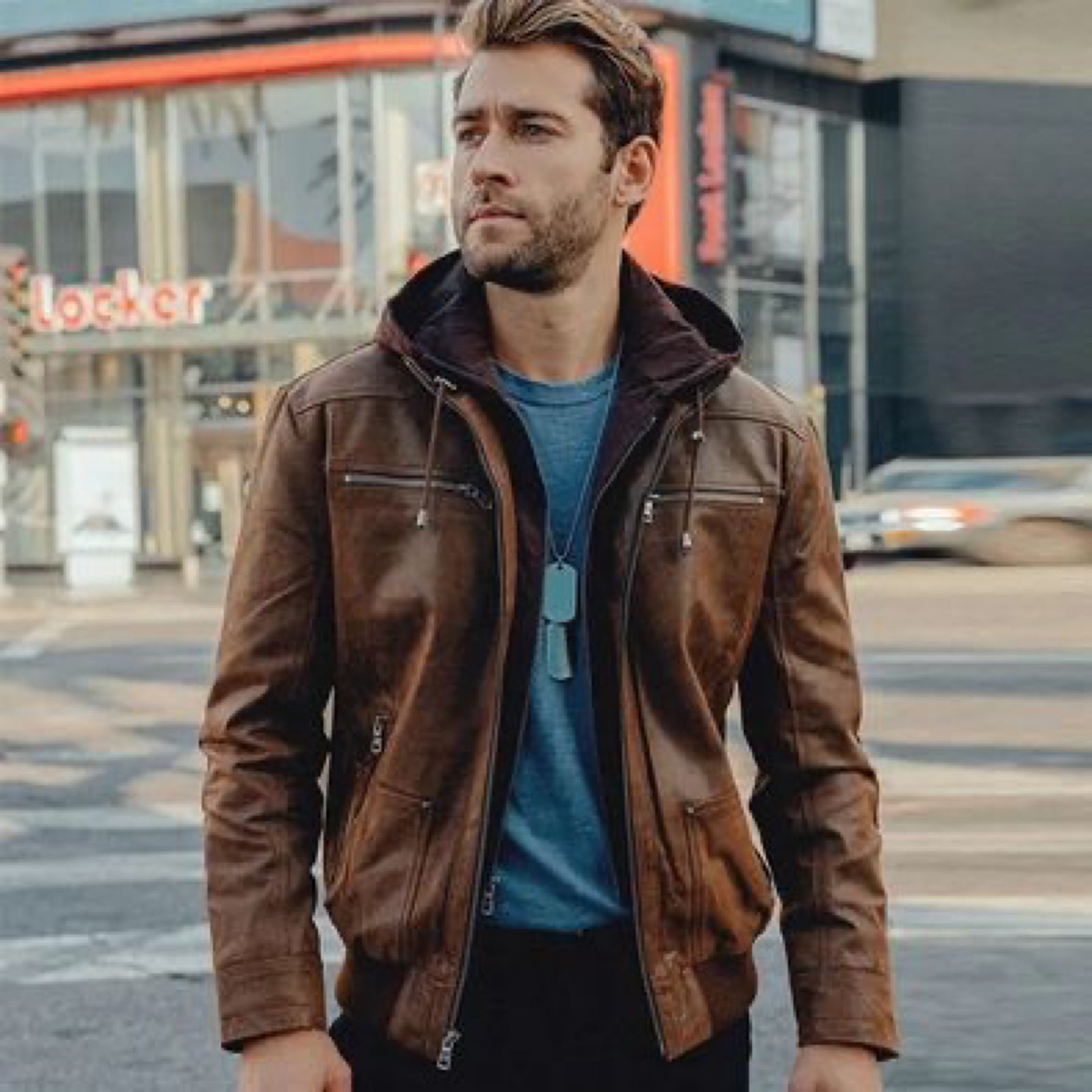 Leather Jacket. Men's leather jacket motorcycle with removable hood.