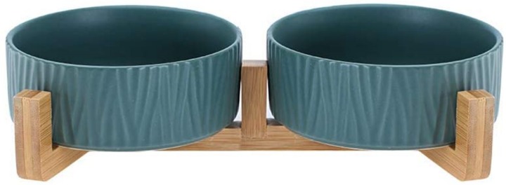 Green Ceramic Cat Dog Bowl Dish with Wood Stand No Spill Pet Food Water Feeder