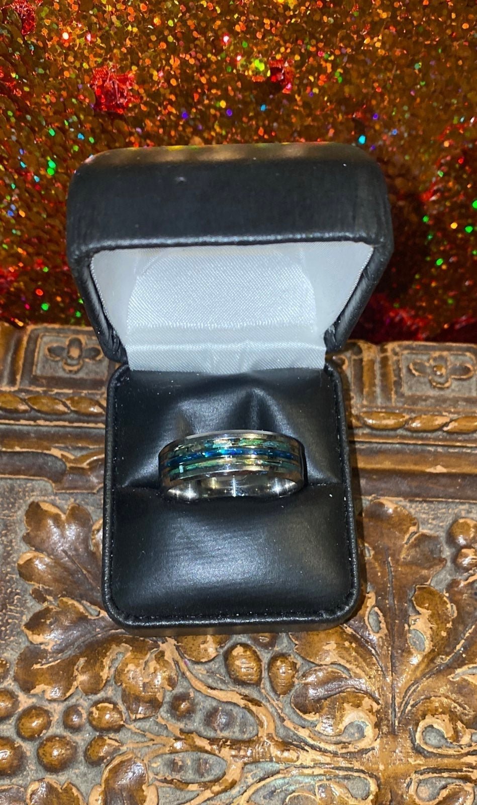 MENS SILVER WEDDING CASUAL BAND BLUE CORAL RING BOX !!