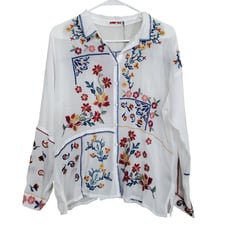 Johnny Was Zodea Almeria Button Front Collared White Top Size Petite Large