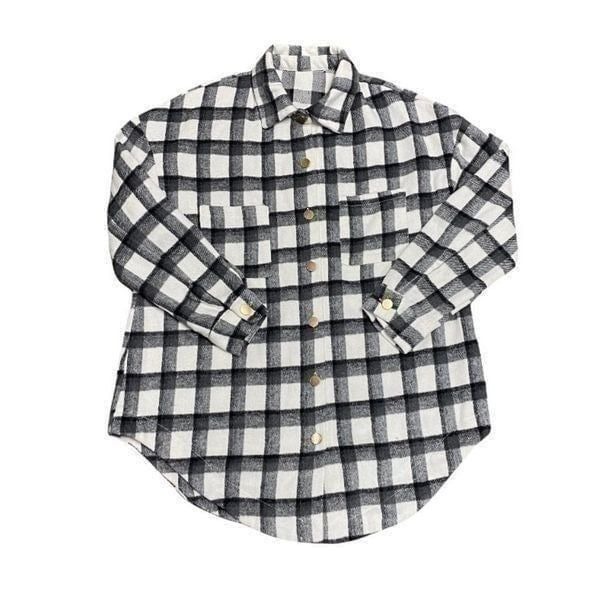 Black & White Flannel Plaid Long Sleeve Button Down Shacket Top Size Large NWOT
