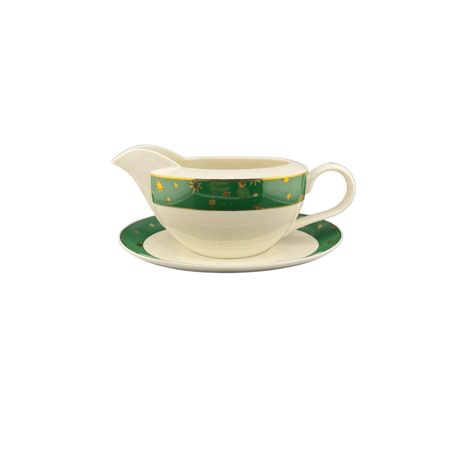Vintage 1980s Sakura Galaxy Porcelain Gravy Boat – Green with 14K Gold Stars