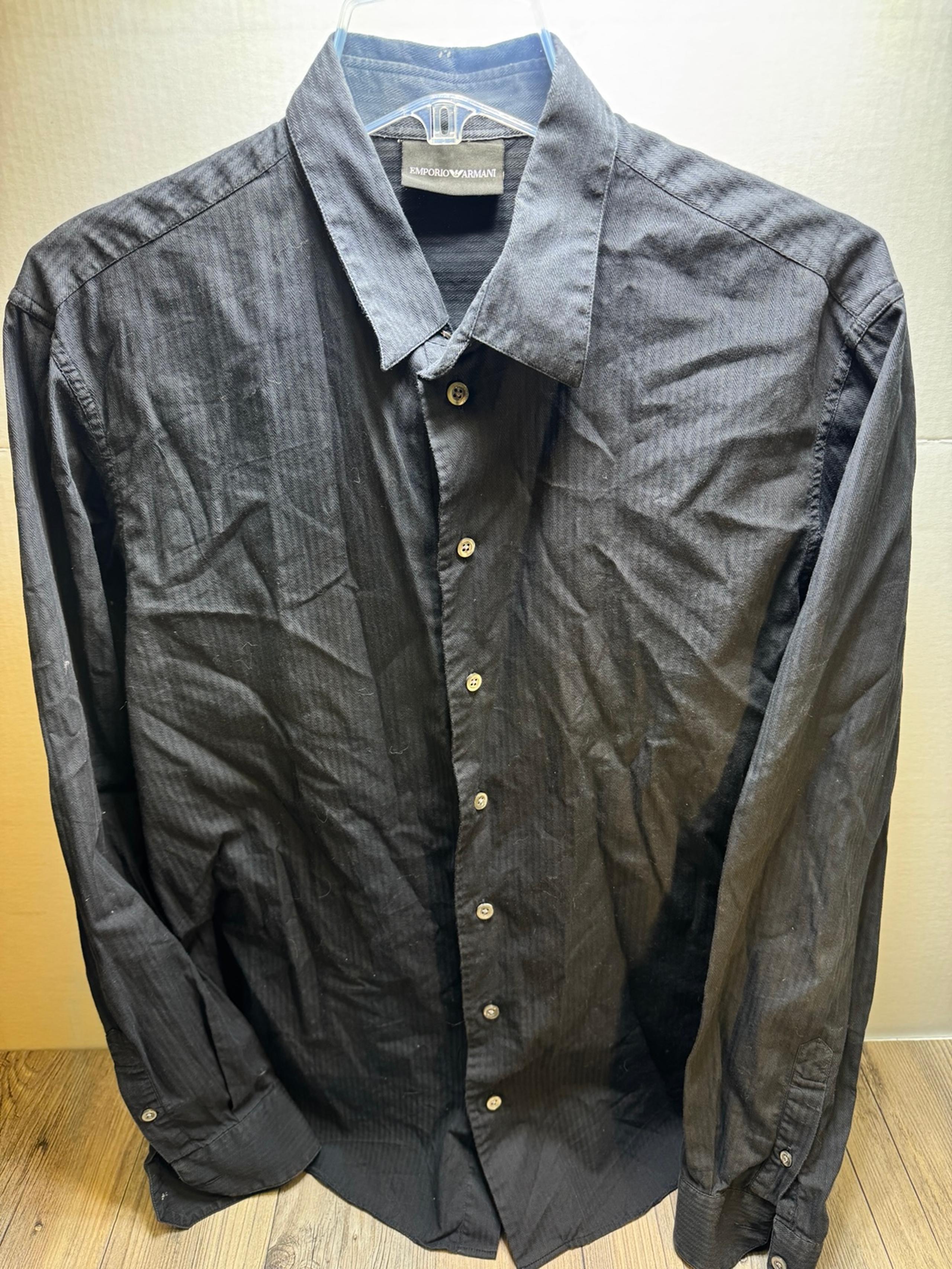 Emporio Armani Dress Shirt Men's Large Black Striped LOGO Spell Out Button Down