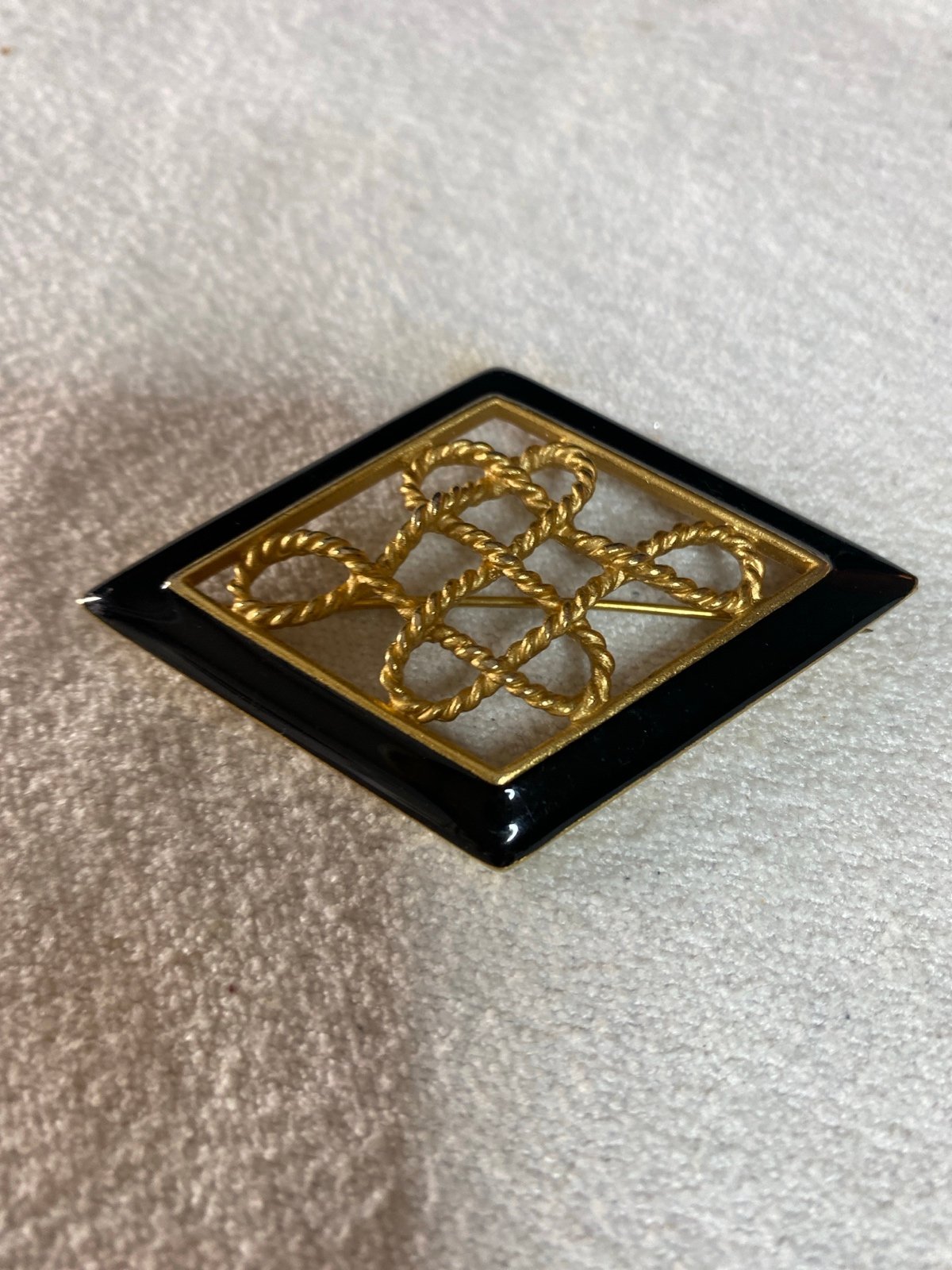 Monet Vintage Gold Tone Black Enamel Twisted Rope Diamond Shape Brooch Pin