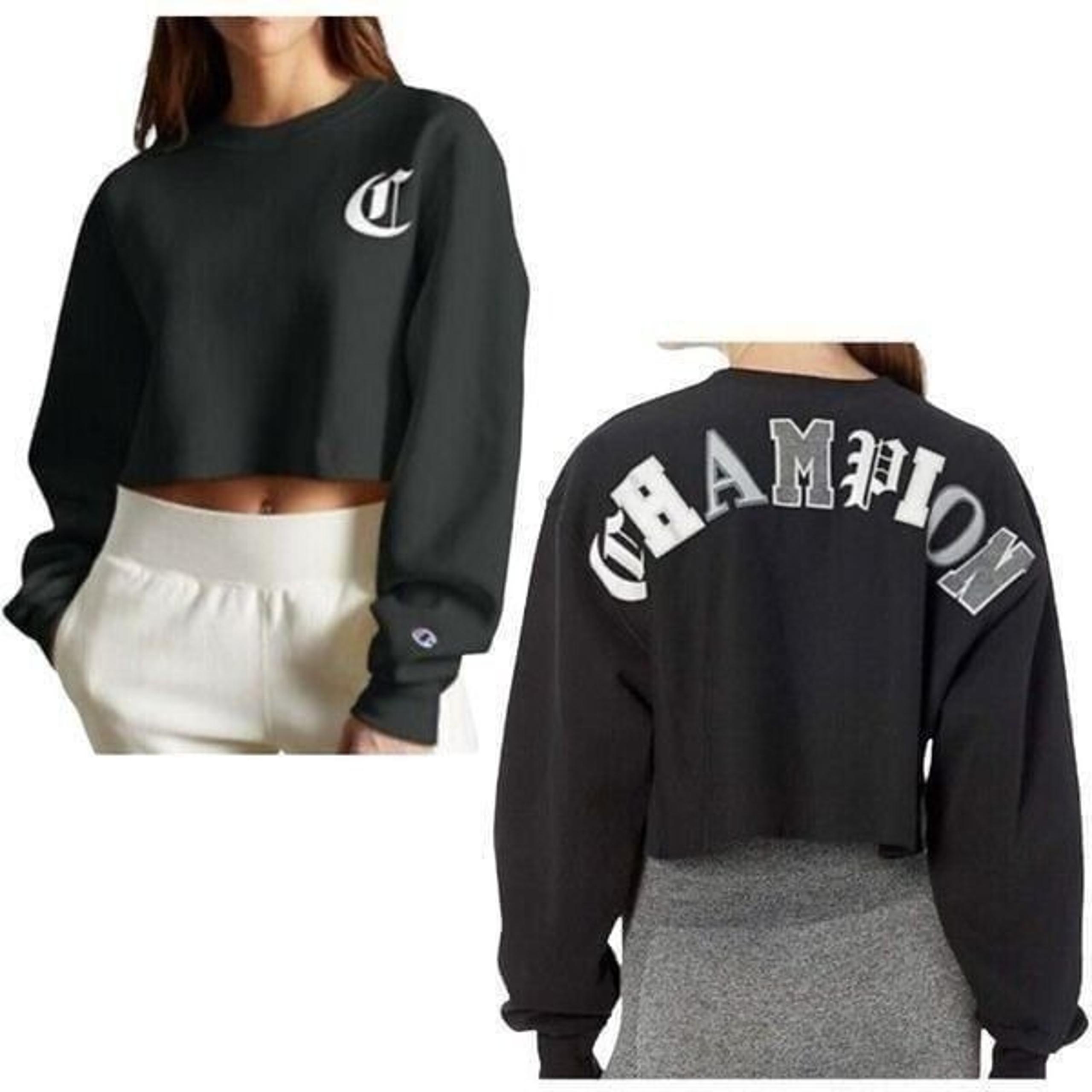 Champion Sweatshirt WMNS XL Black Crop Cut Off Reverse Weave Silver Old English