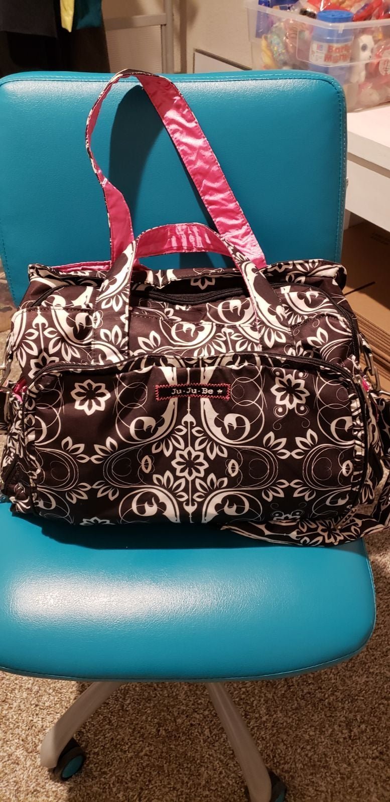 Ju Ju Be pink and black paisley diaper bag.