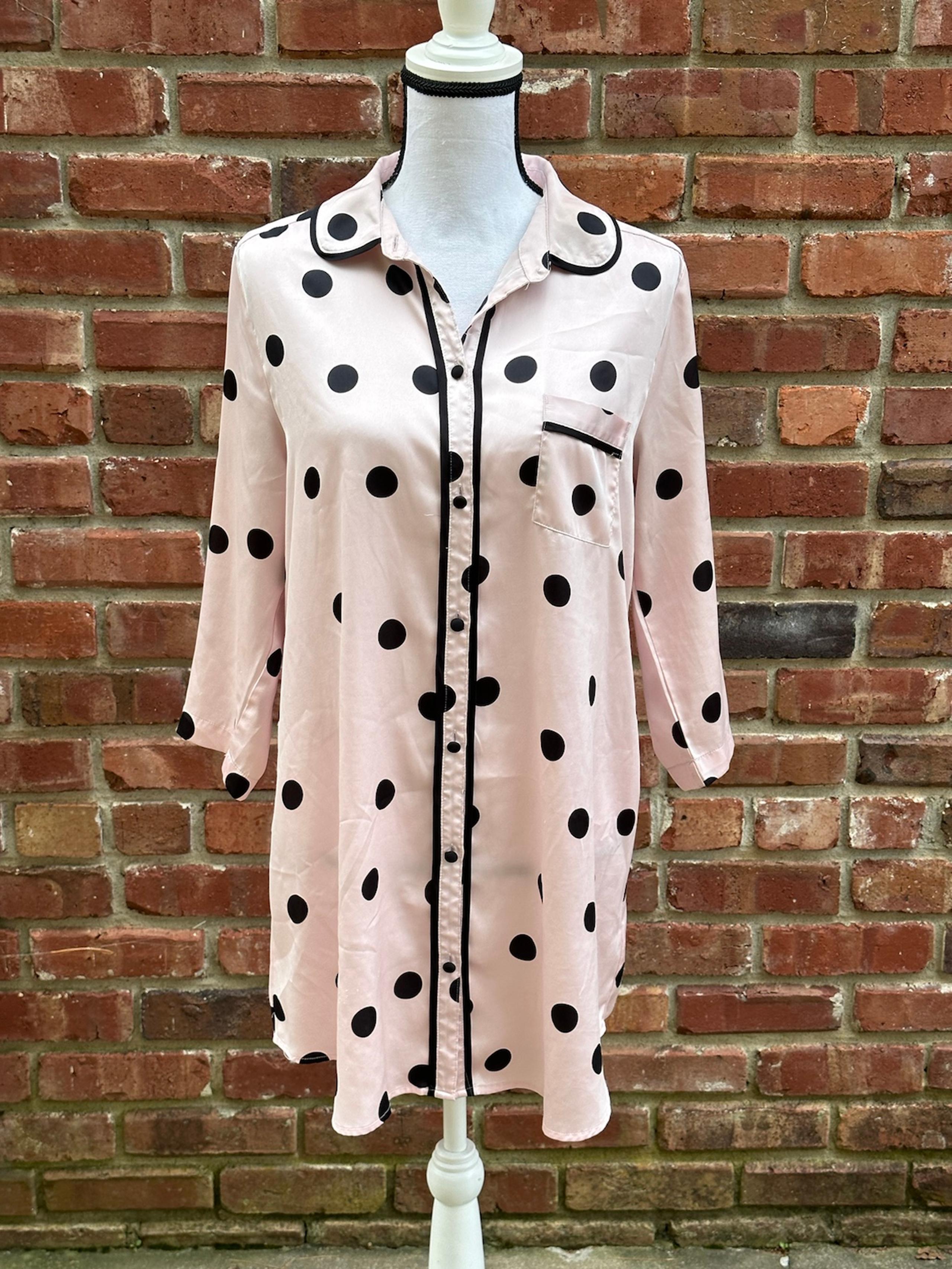 Kate Spade Pink Black Polka Dots Collared Button Sleep-Shirt Nightgown