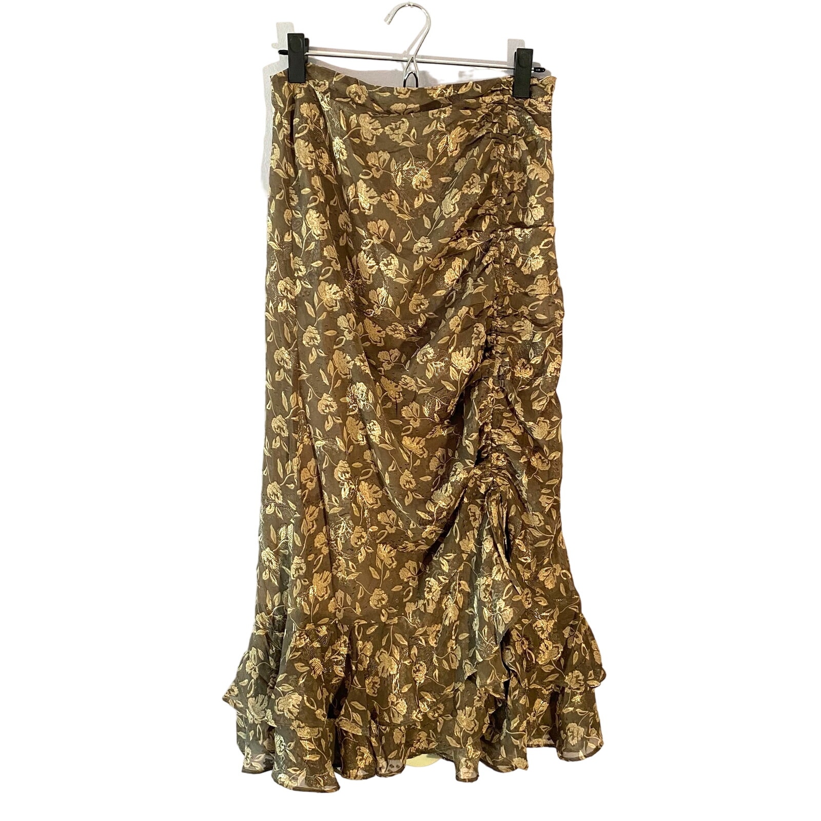 NWT En Saison Women's size Medium Mushroom Floral Brown Daphne Ruched Midi Skirt