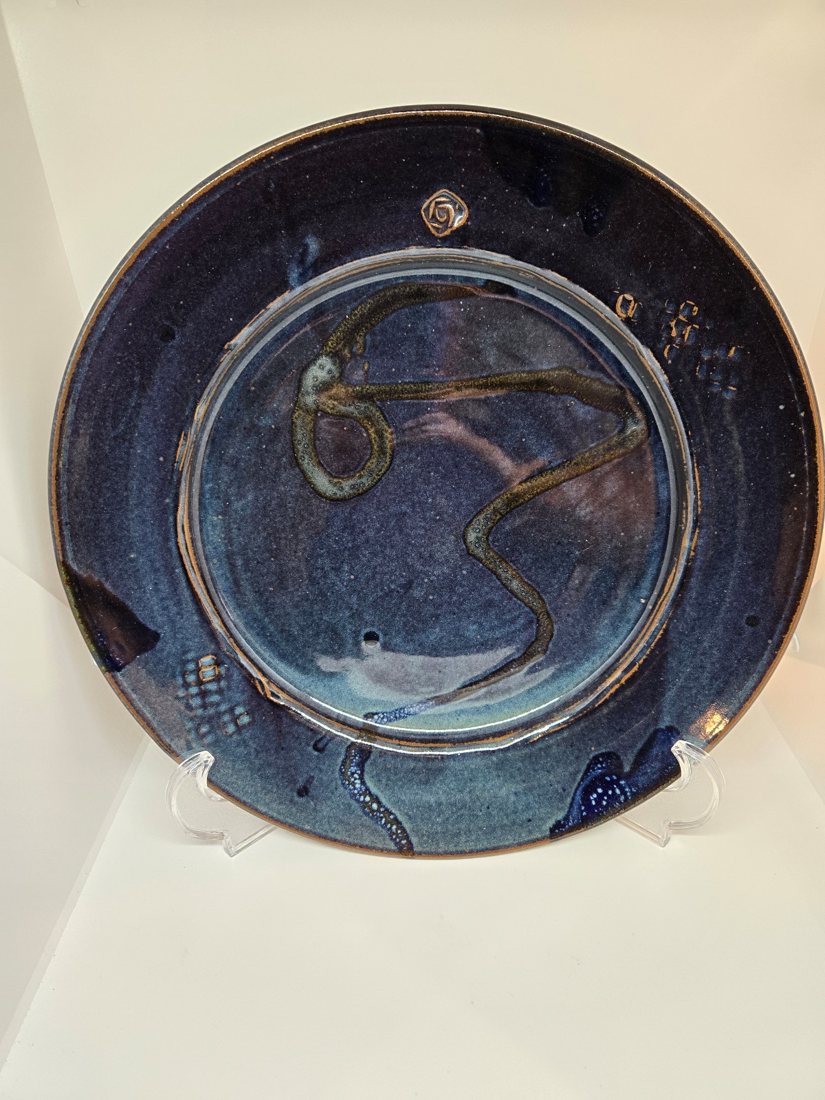 Studio Pottery Stoneware Dark Blue Glazed Large Platter Signed