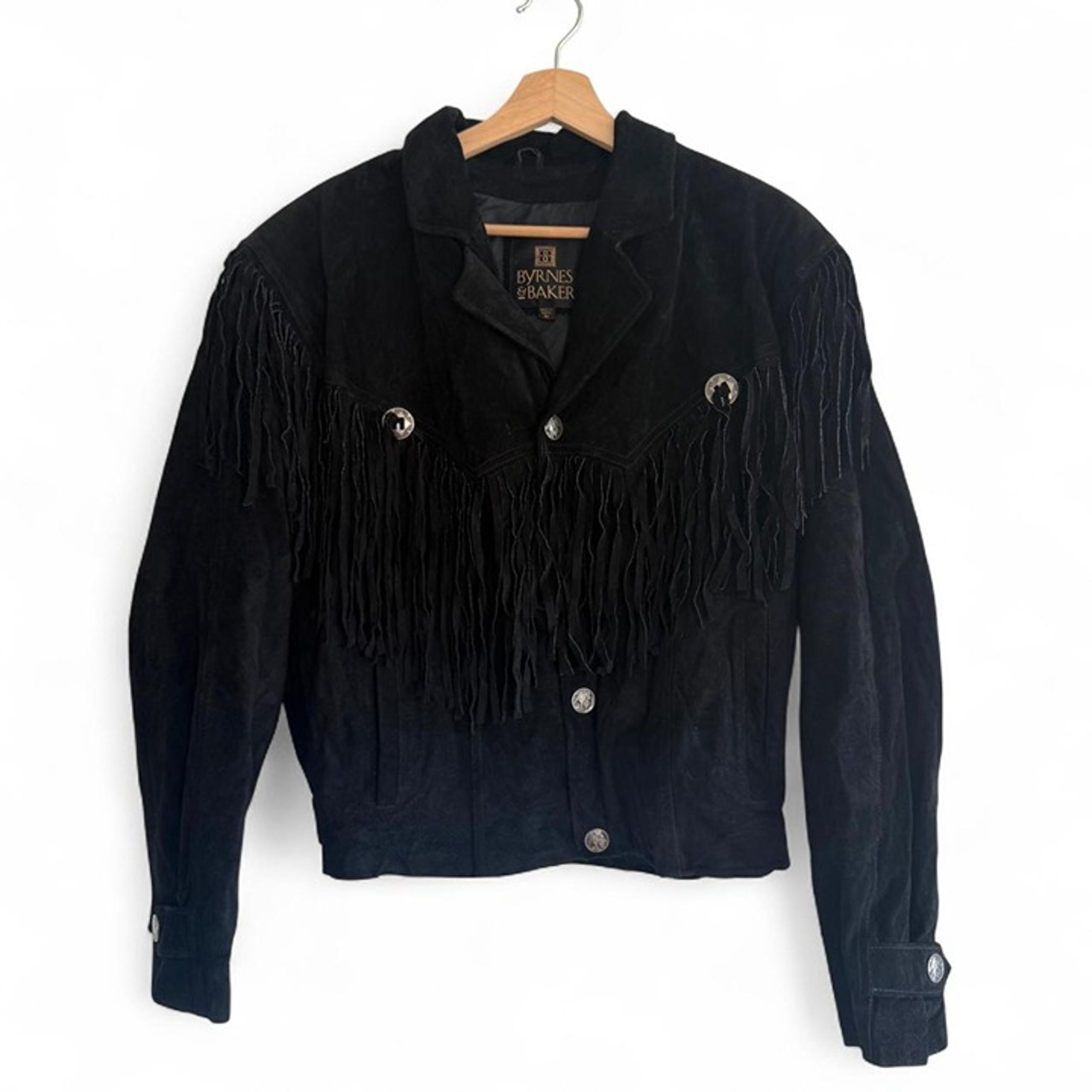 BYRNES & BAKER BLACK SILVER SUEDE FRINGE JACKET WESTERN JACKET WOMENS MEDIUM